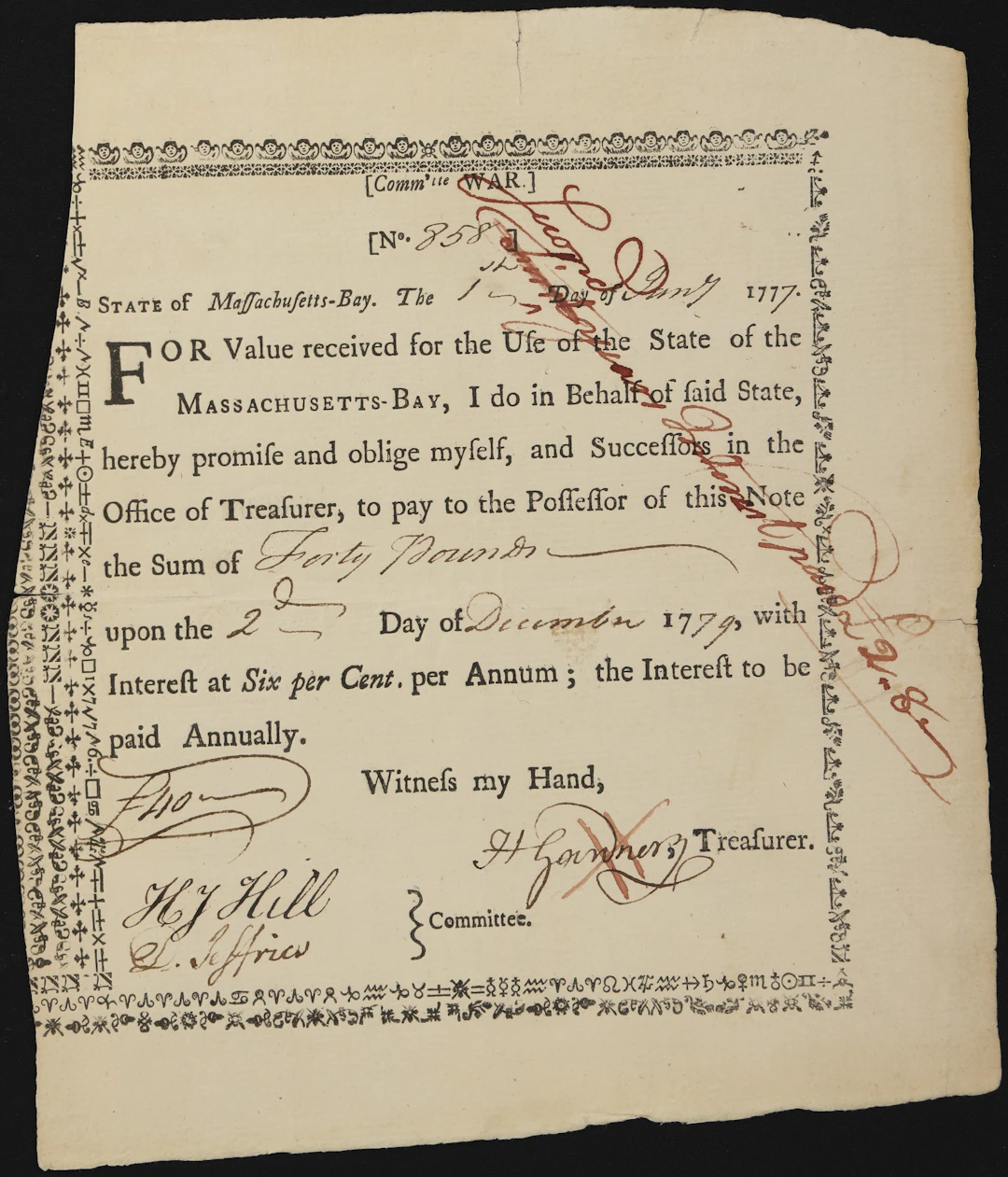 Massachusetts-Bay Treasury Certificate. January 1, 1777. 40 Pounds. Very Fine.
