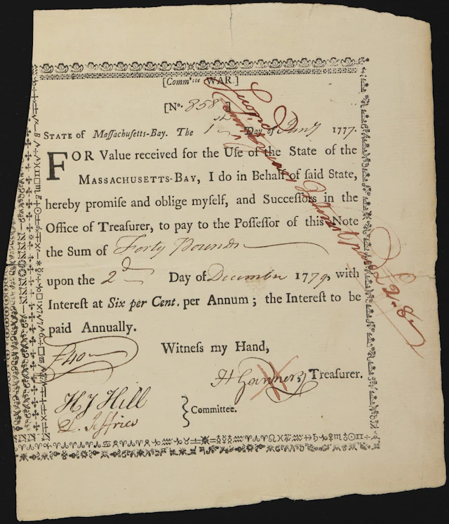 Massachusetts-Bay Treasury Certificate. January 1, 1777. 40 Pounds. Very Fine.
