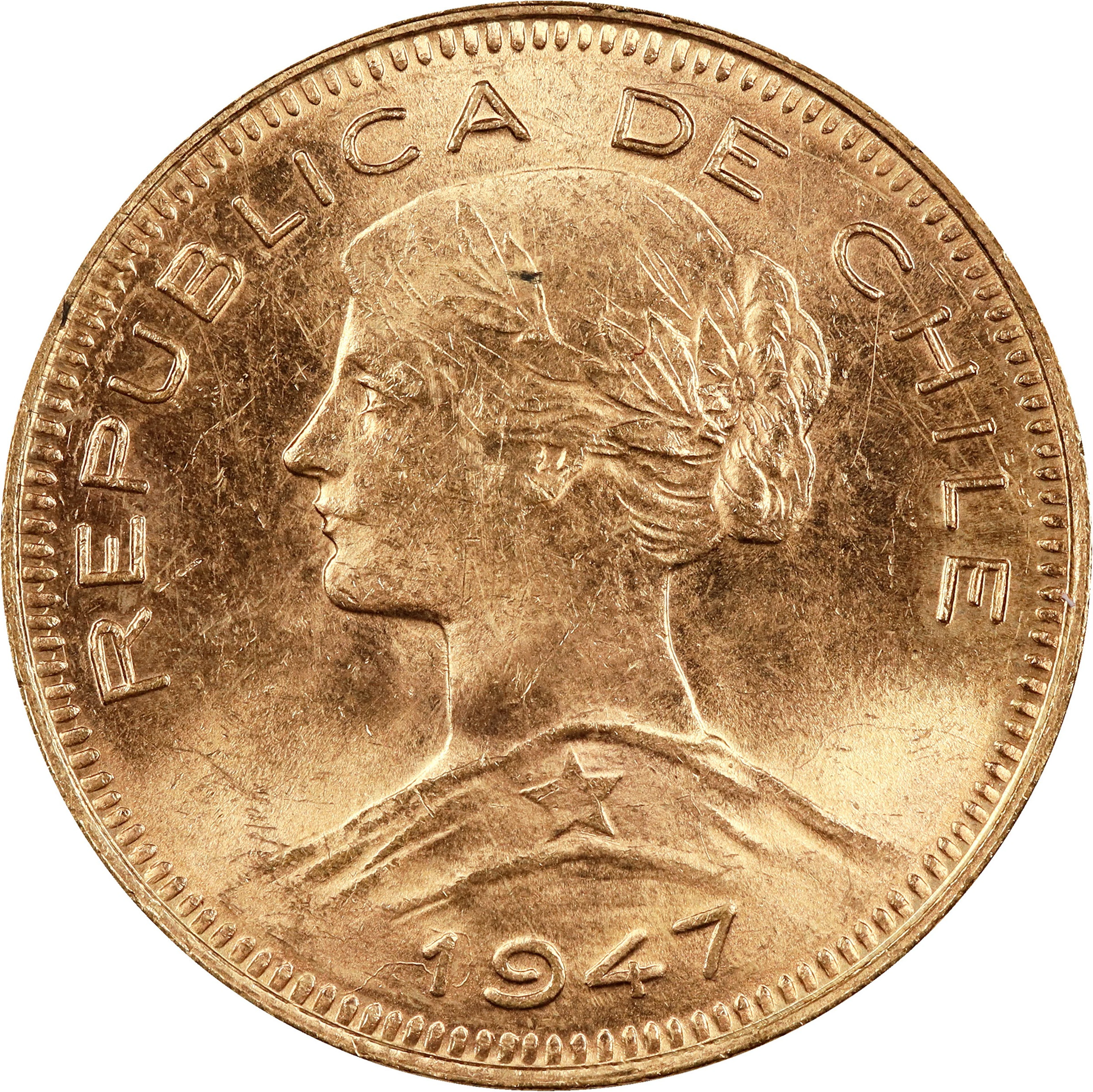 (0.589 oz, 18.32 g AGW). Chile. 1947-So Gold 100 Pesos.
