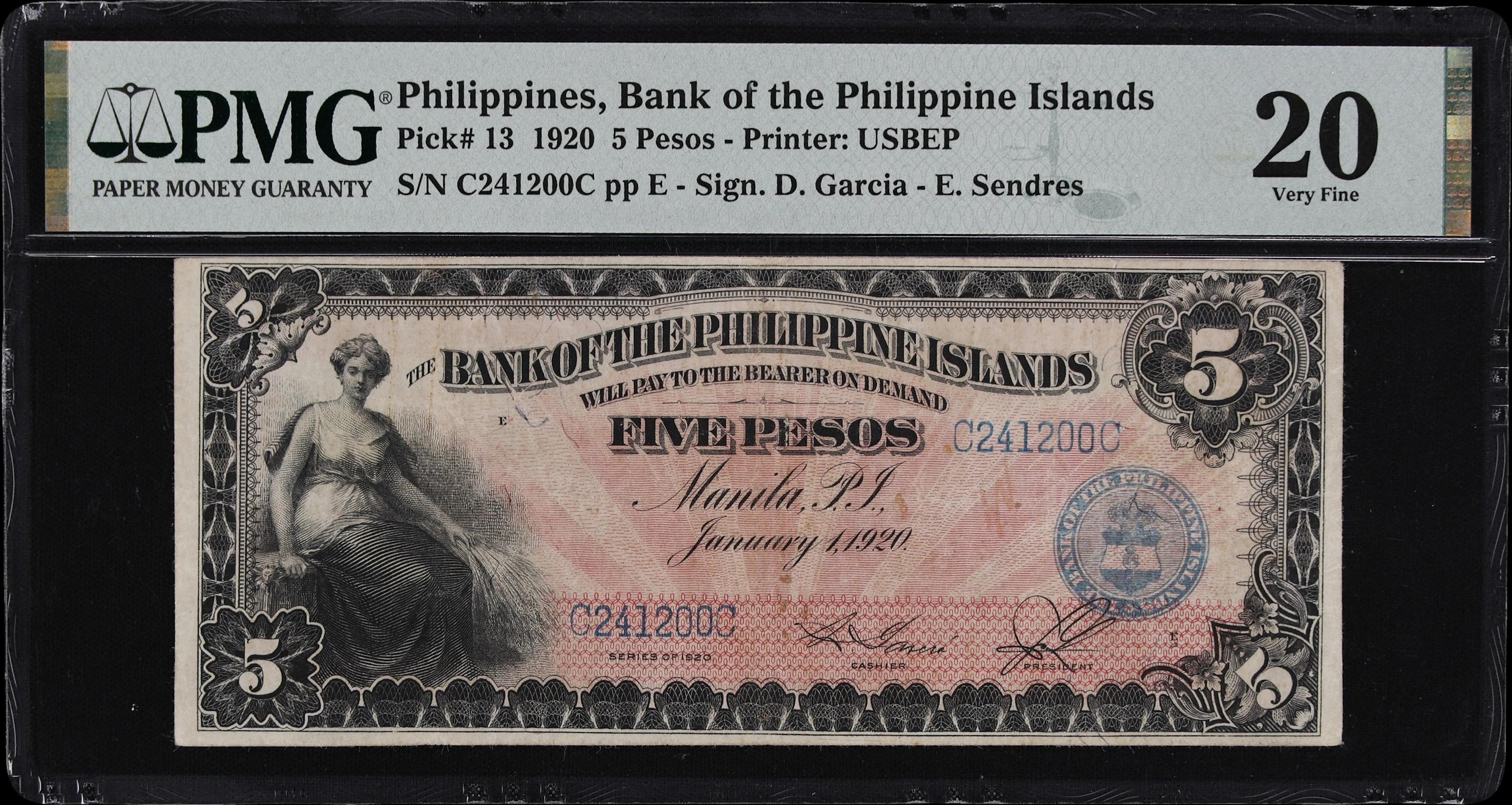 PHILIPPINES. Bank of the Philippine Islands. 5 Pesos, 1.1.1920. P-13.
