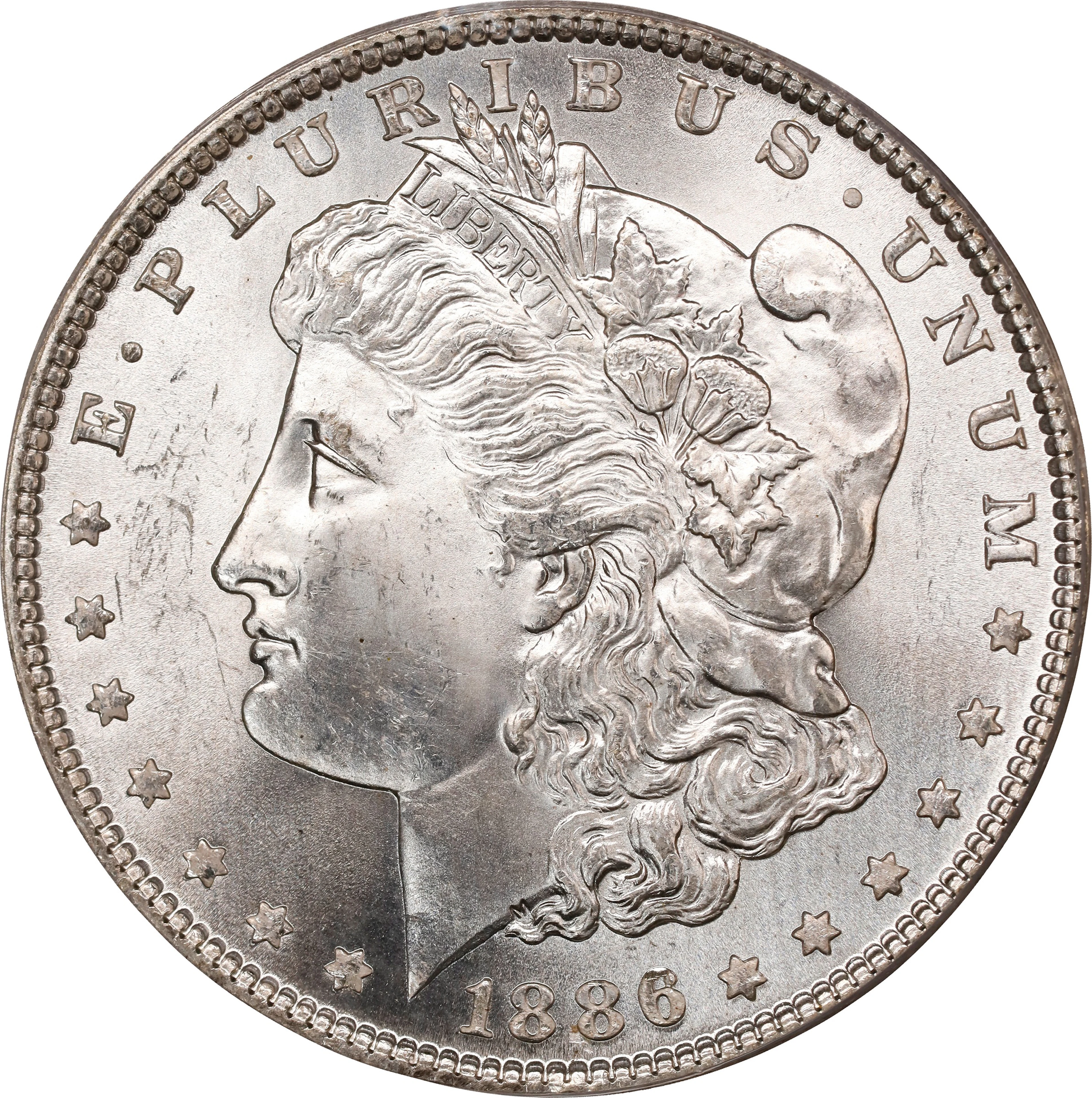1886 Morgan Silver Dollar. MS-64 (PCGS). OGH Generation 2.0 Doily.