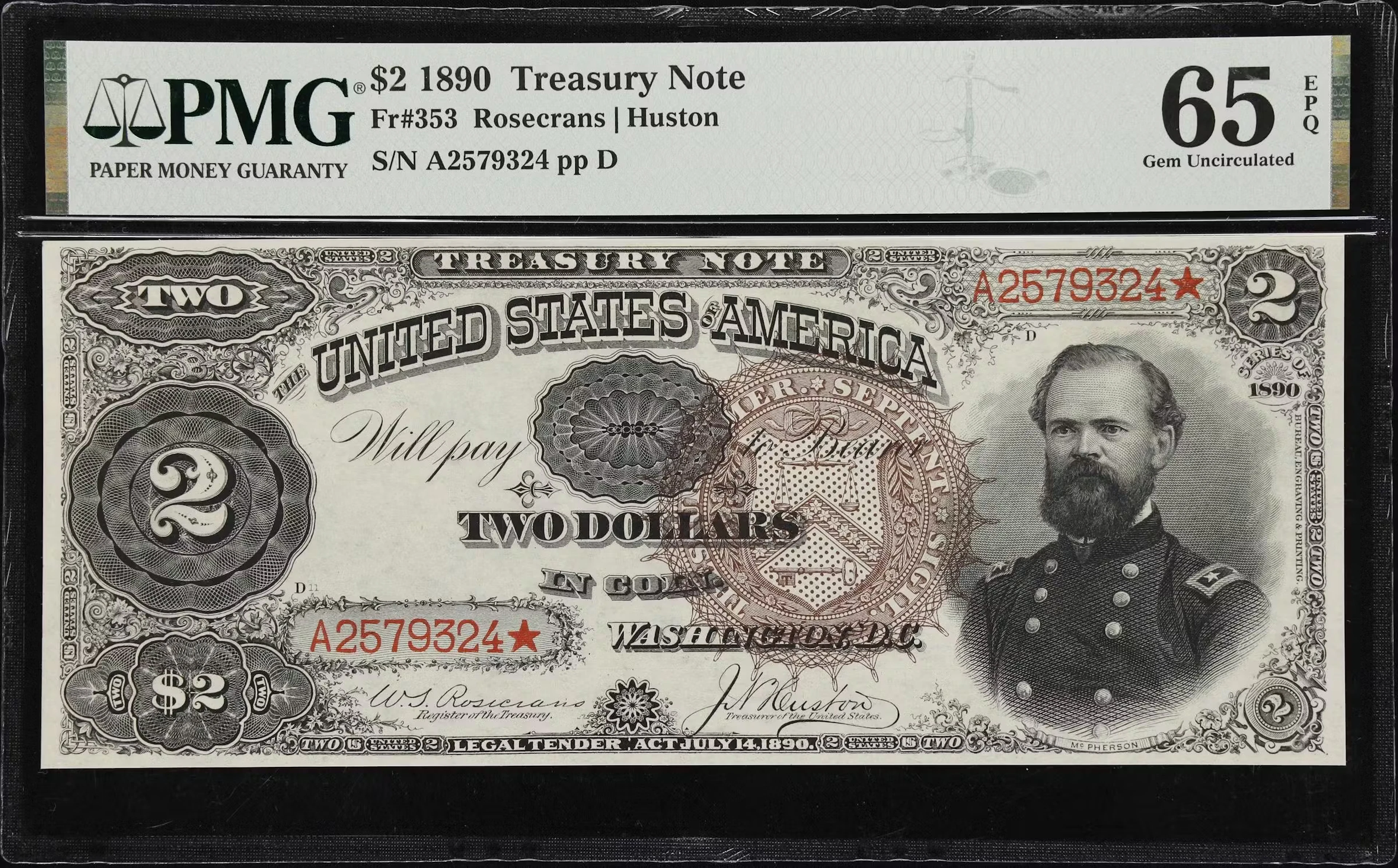 Fr. 353. 1890 $2 Treasury Note. PMG Gem Uncirculated 65 EPQ.