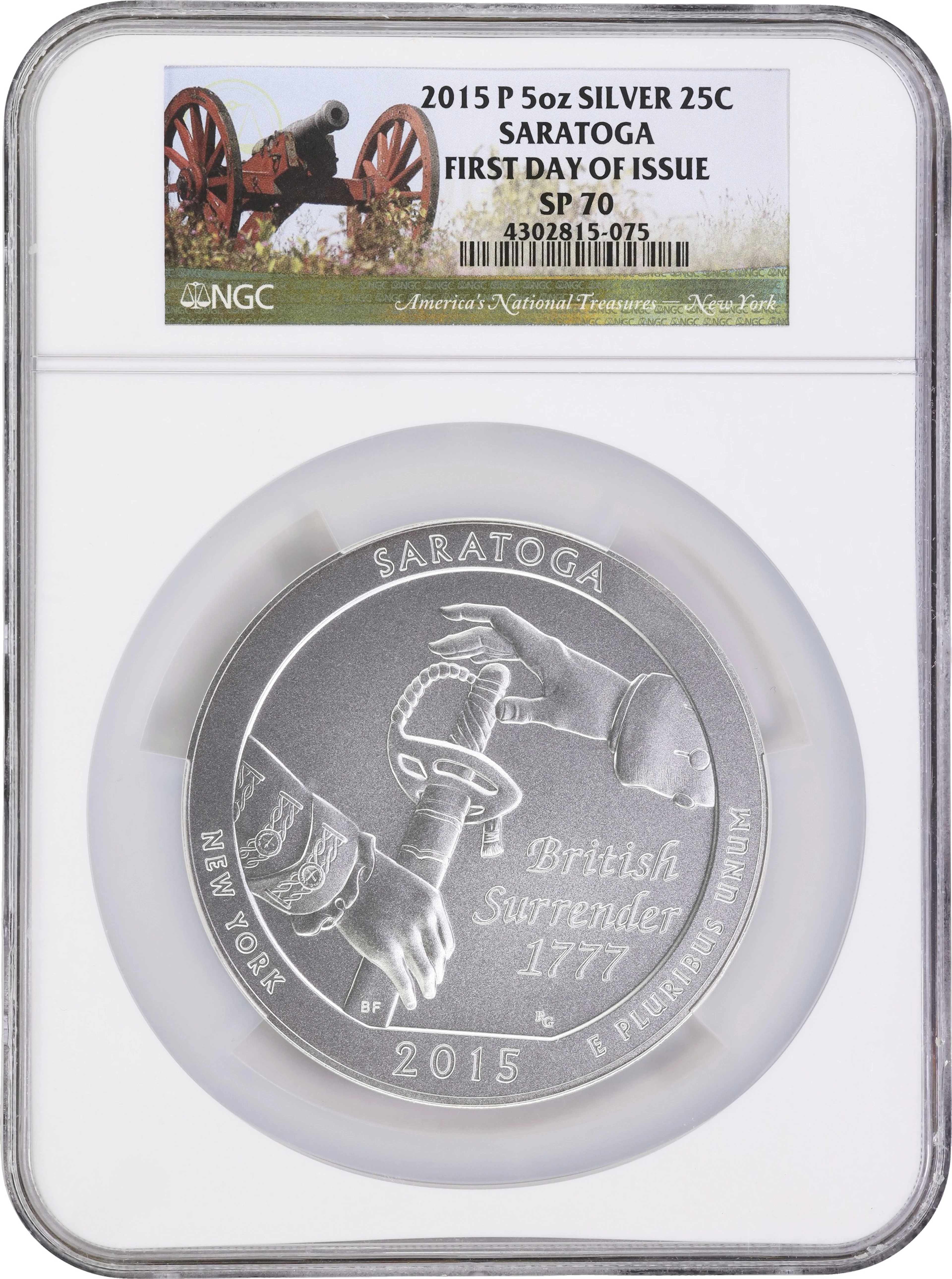 (5 oz, 155.52 g ASW). 2015-P Saratoga America the Beautiful 5 oz Silver