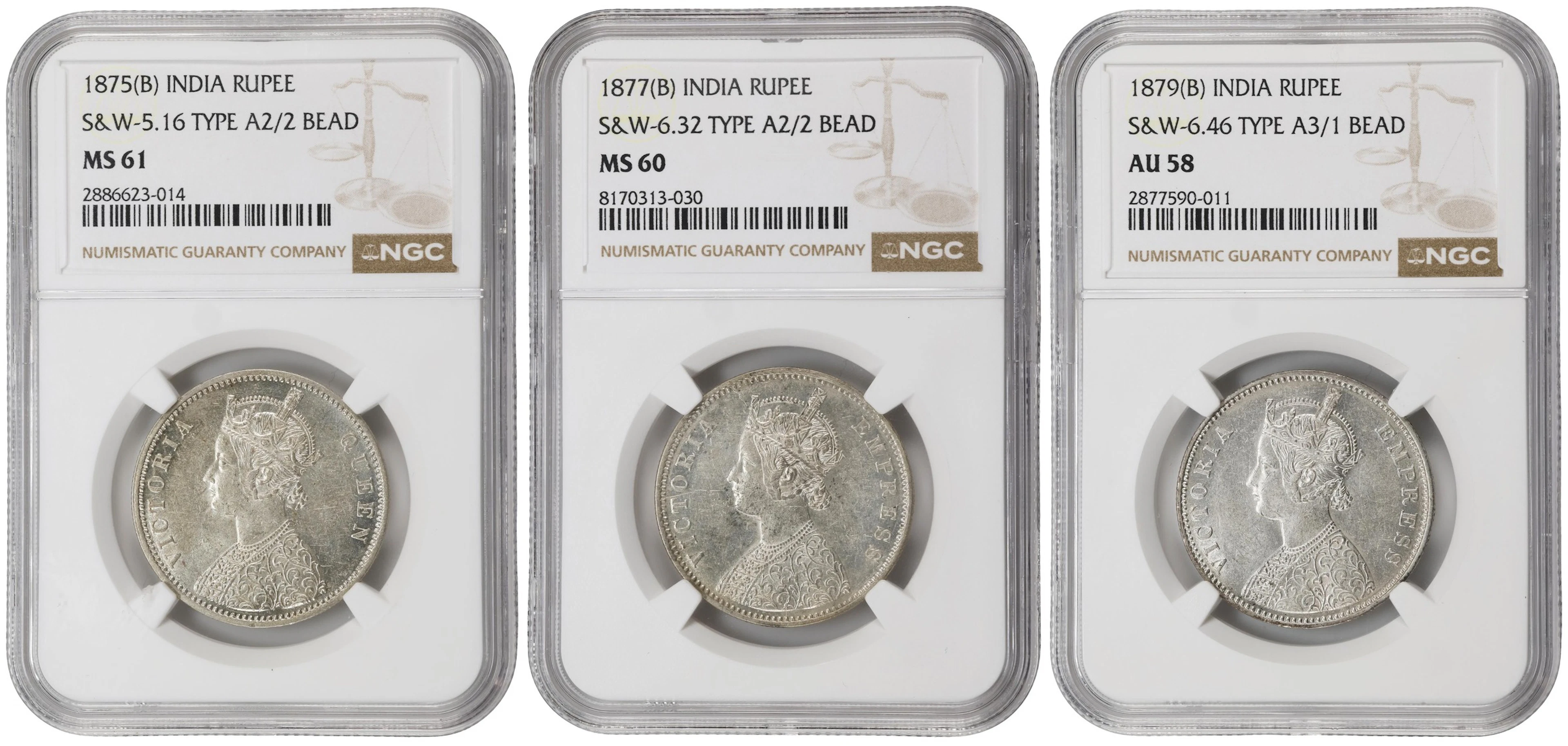 INDIA. Trio of Rupees (3 Pieces), 1875-79. Bombay Mint. Victoria.