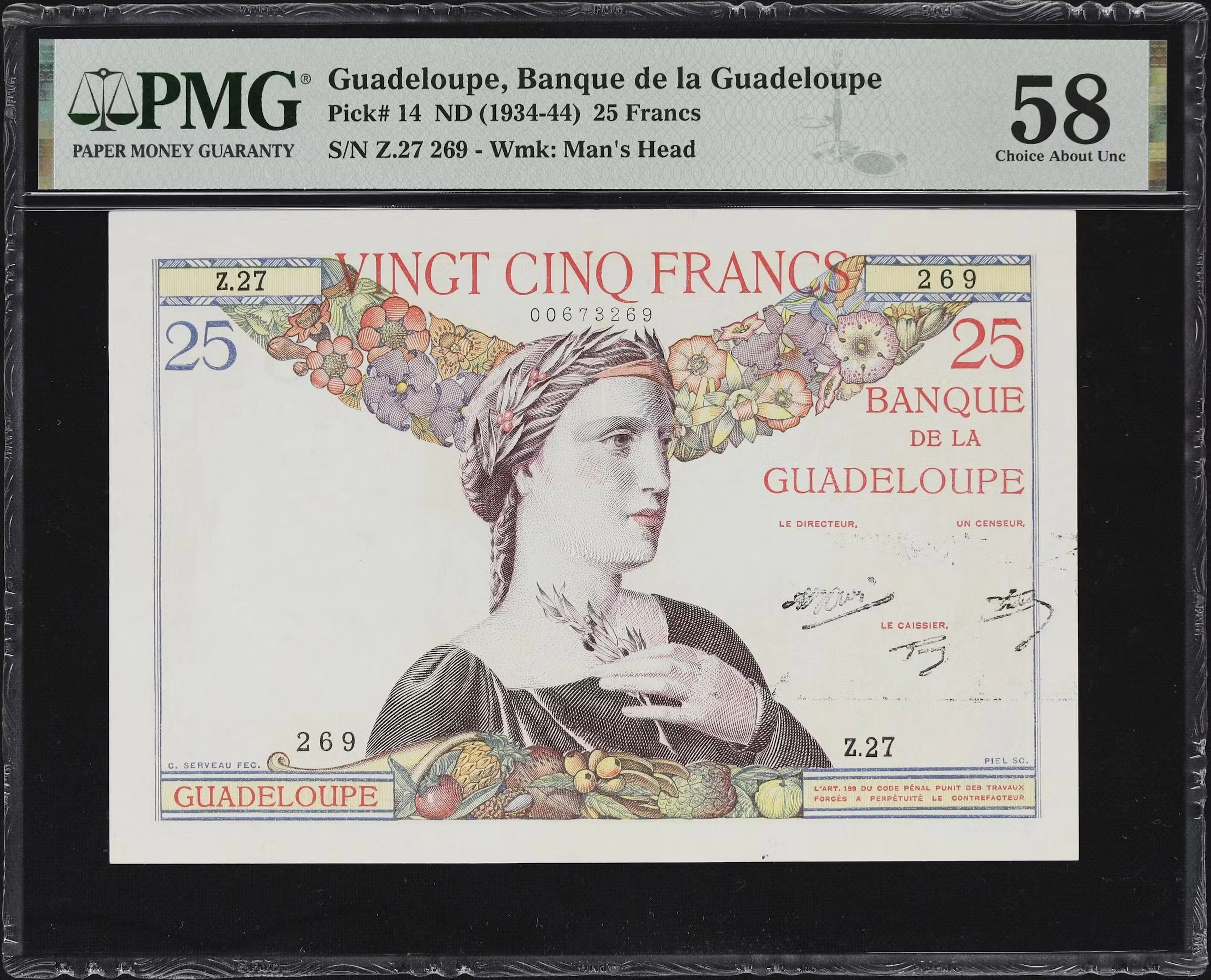 GUADELOUPE. Banque de la Guadeloupe. 25 Francs, ND (1934-44). P-14.