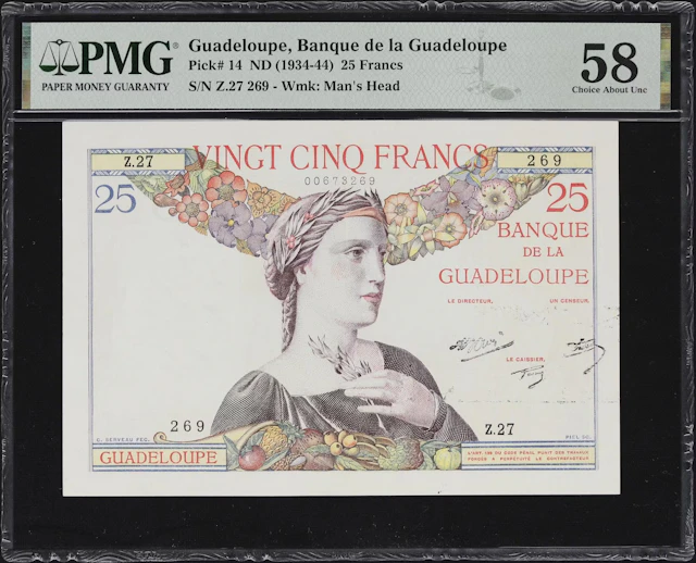 GUADELOUPE. Banque de la Guadeloupe. 25 Francs, ND (1934-44). P-14.
