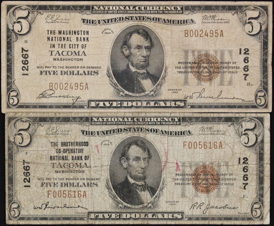 Lot of (2) Tacoma, Washington. $5 1929 Ty. 1. Fr. 1800-1. Brotherhood-Cooperativ