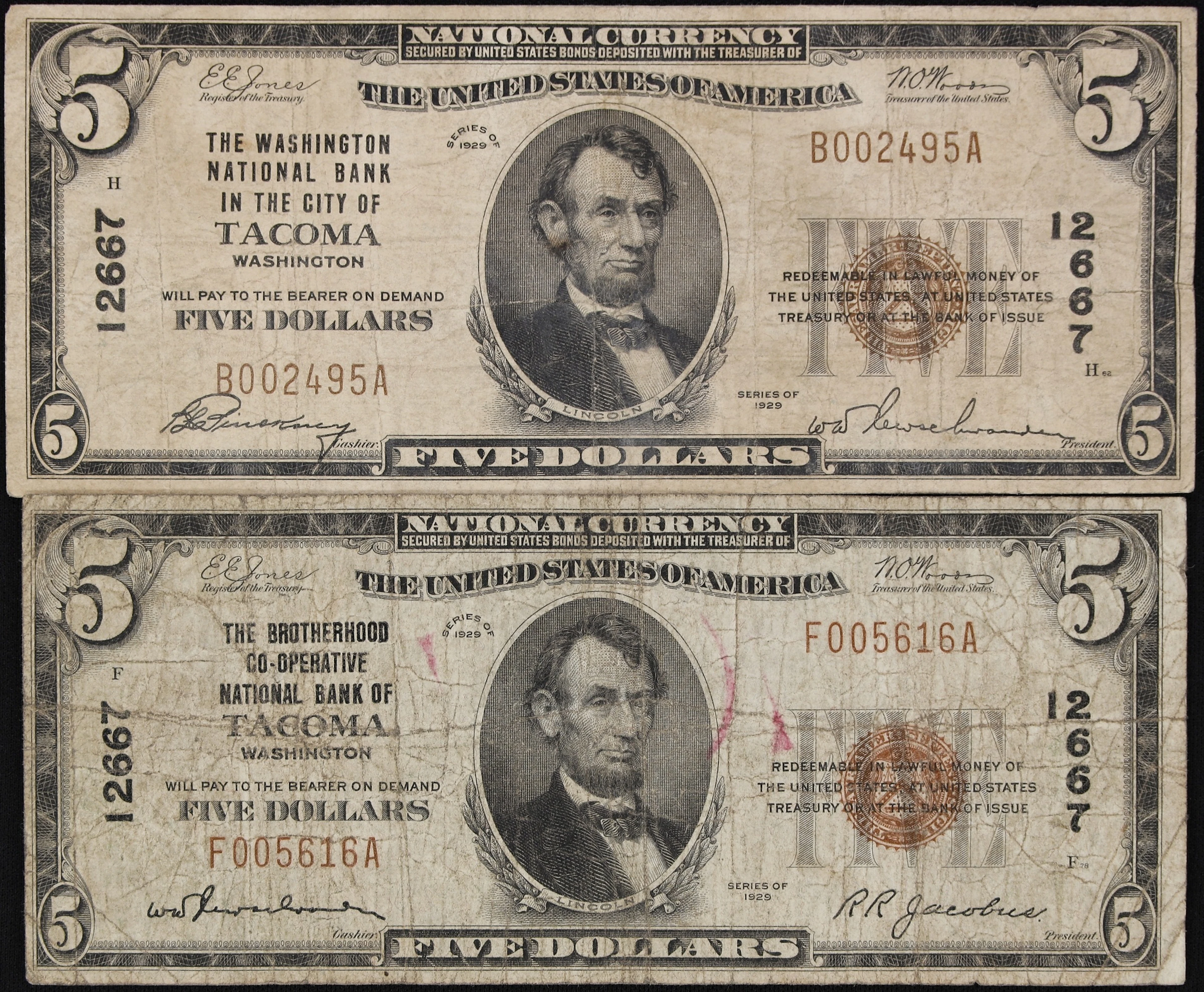 Lot of (2) Tacoma, Washington. $5 1929 Ty. 1. Fr. 1800-1. Brotherhood-Cooperativ