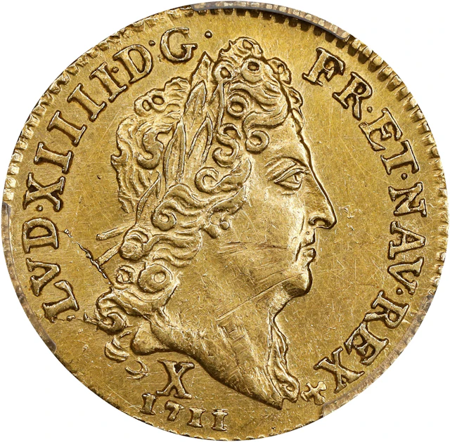 FRANCE. 1/2 Louis d'Or, 1711-X. Amiens Mint. Louis XIV. PCGS Genuine--Scratch