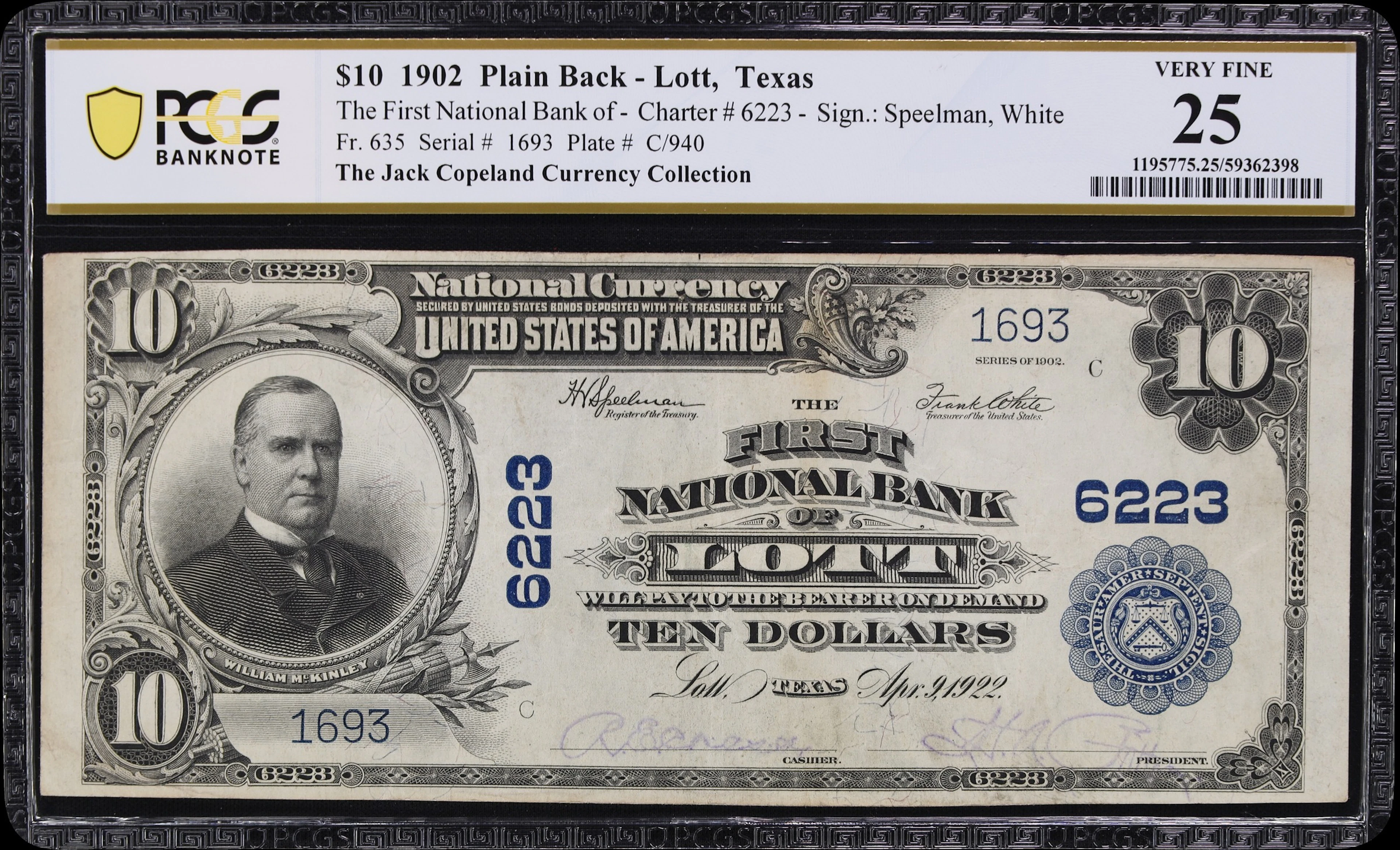 Lott, Texas. $10 1902 Plain Back. Fr. 635. First NB. Charter #6223.