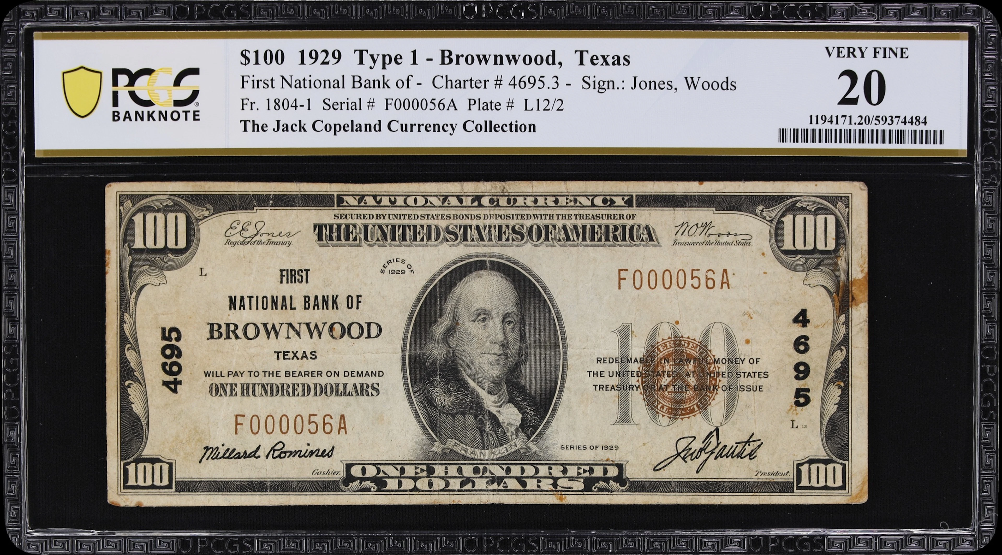 Brownwood, Texas. $100 1929 Ty. 1. Fr. 1804-1. First NB. Charter #4695.