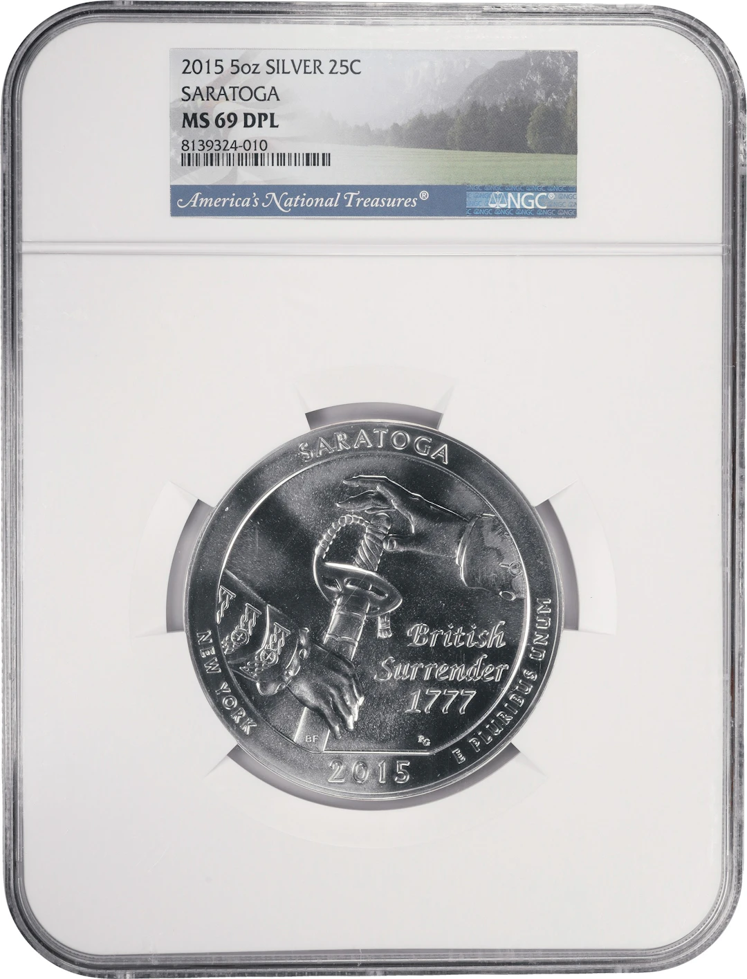 (5 oz, 155.52 g ASW). 2015 Saratoga America the Beautiful 5 oz Silver