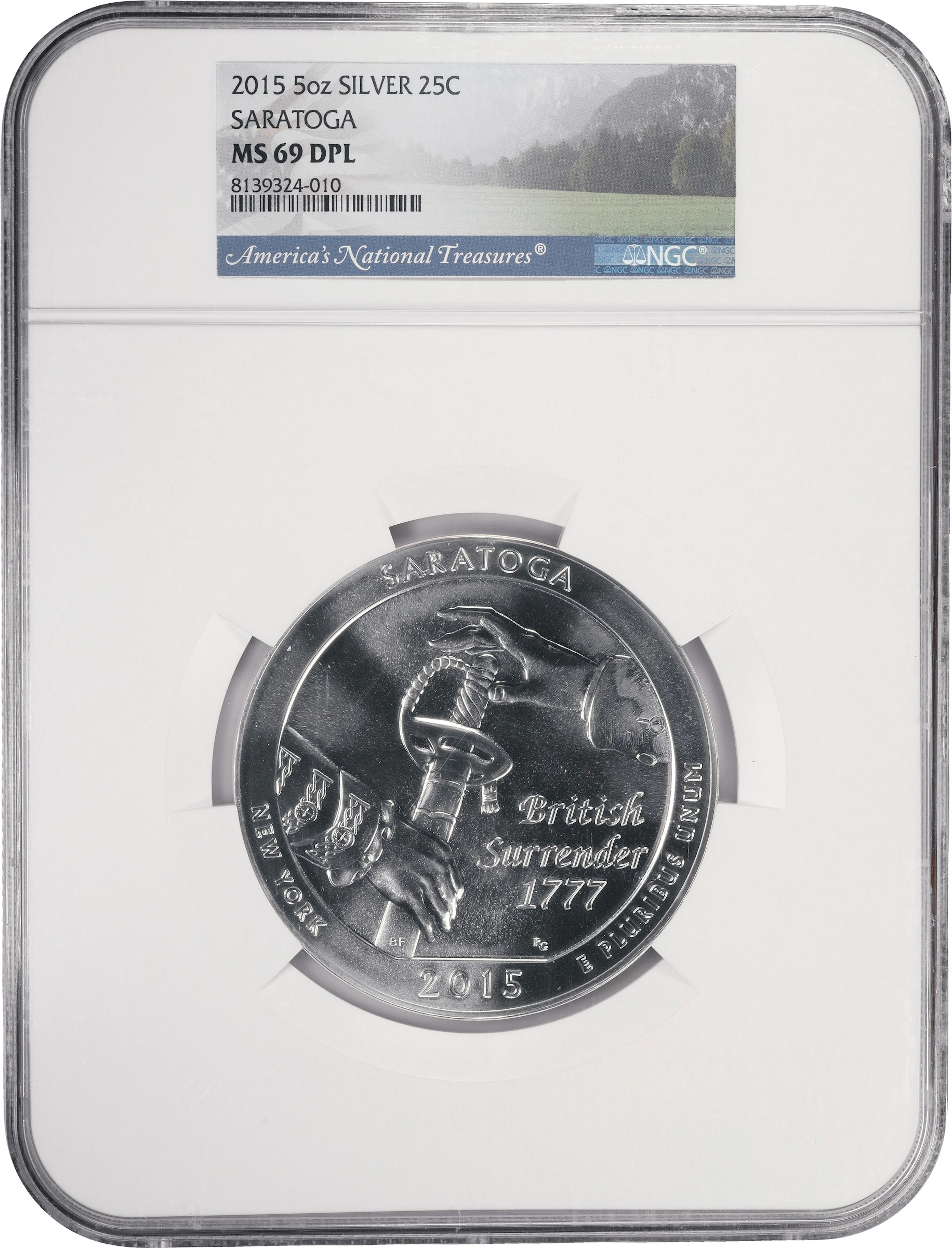 (5 oz, 155.52 g ASW). 2015 Saratoga America the Beautiful 5 oz Silver