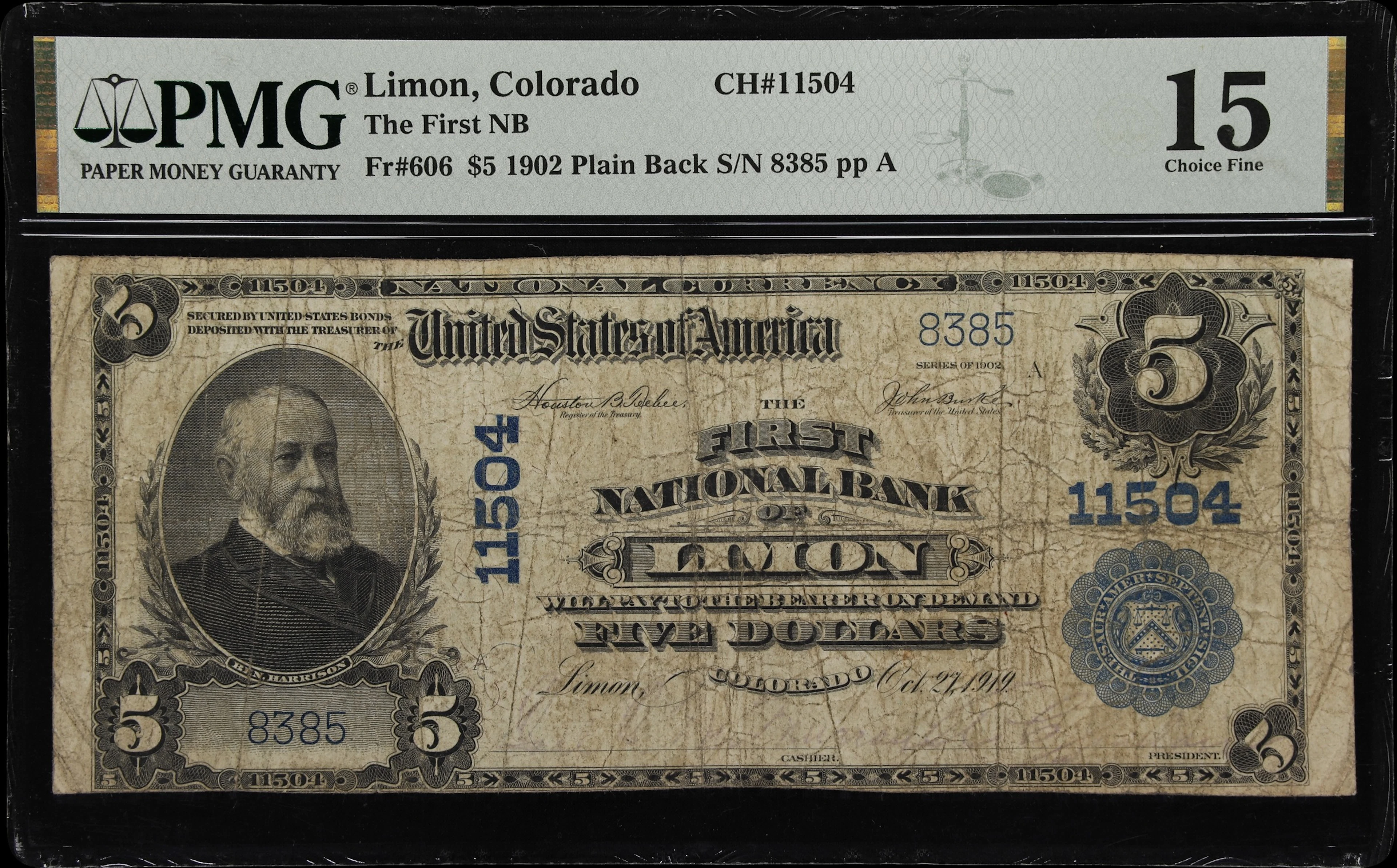Limon, Colorado. $5 1902 Plain Back. Fr. 606. First NB. Charter #11504.