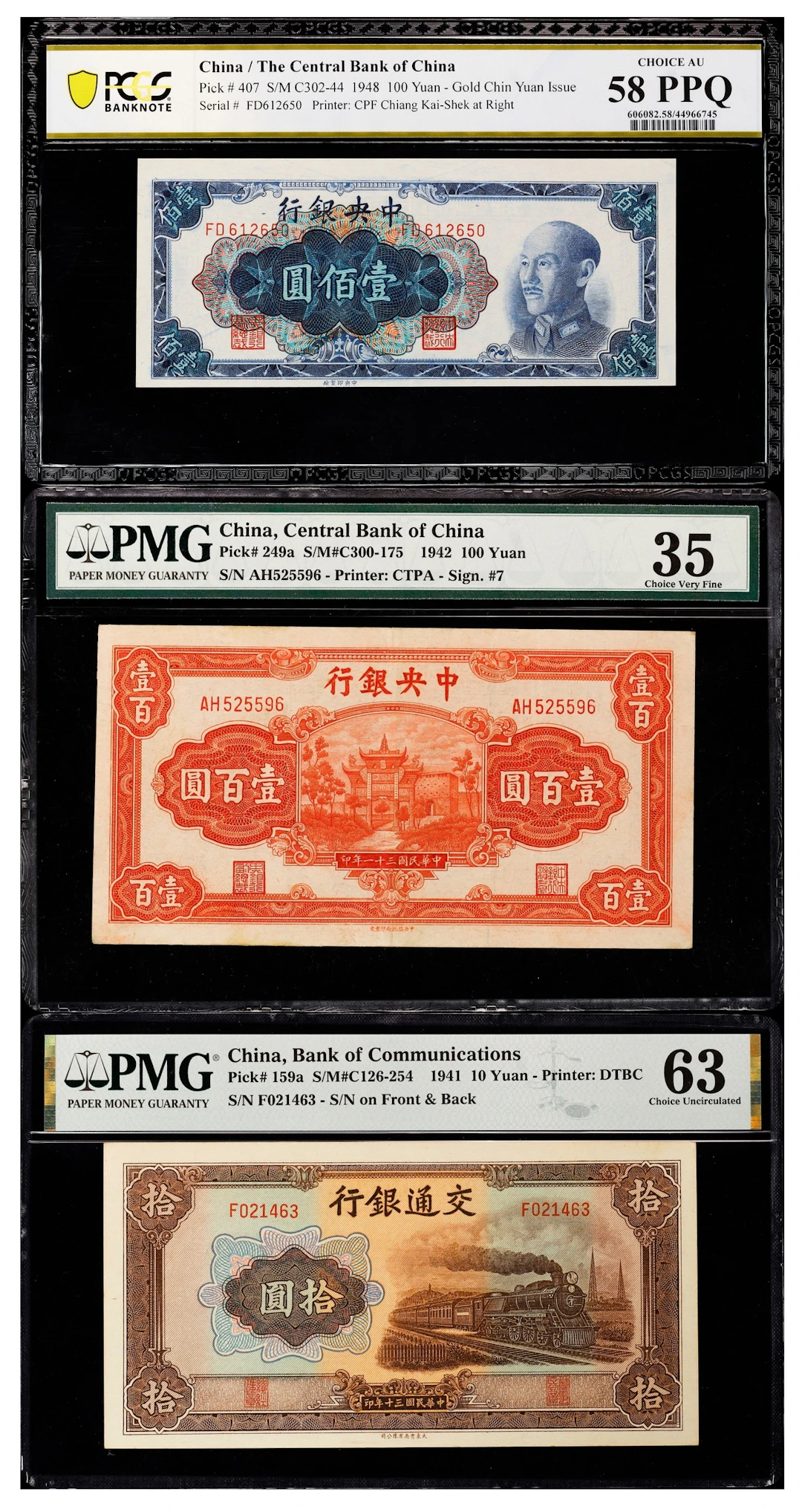 (t) CHINA--REPUBLIC. Lot of (3). Bank of Communications & Central