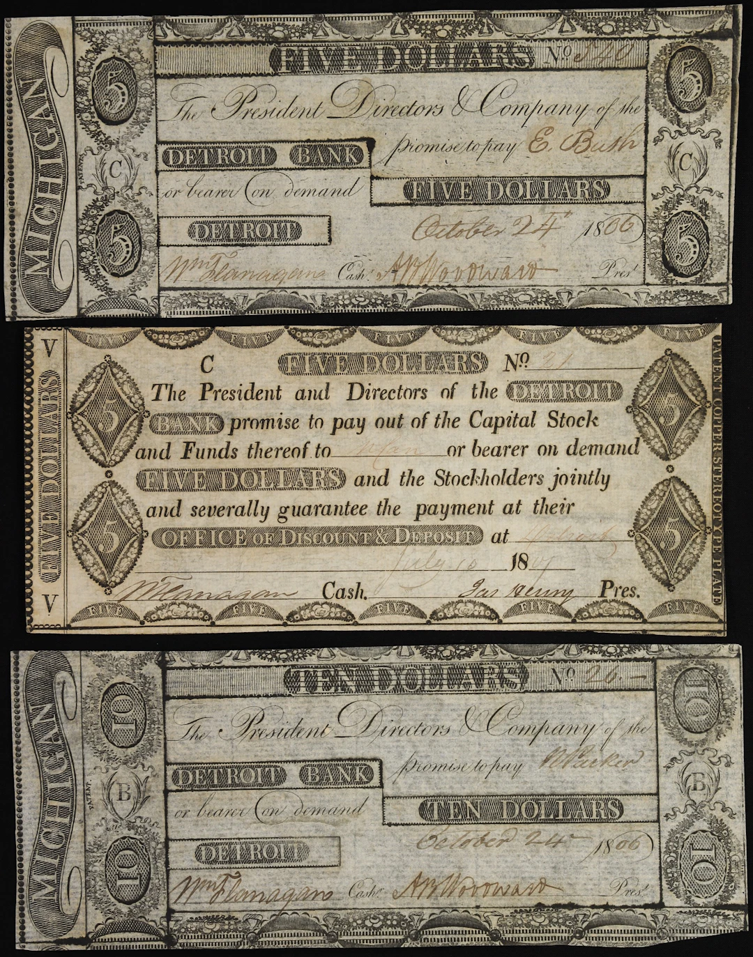 Lot of (3) Detroit, Michigan Territory. Detroit Bank. 1806-07 $5 &