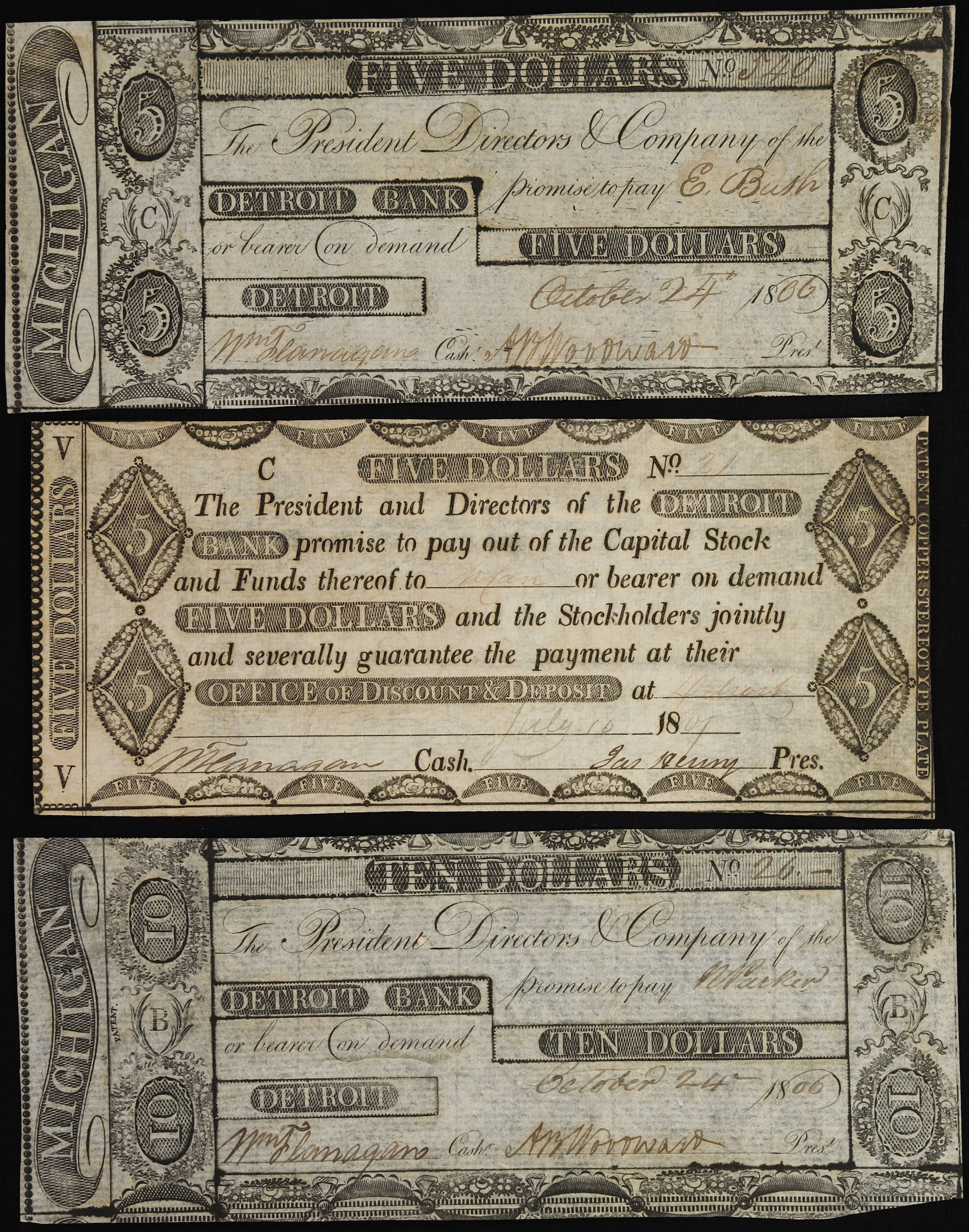 Lot of (3) Detroit, Michigan Territory. Detroit Bank. 1806-07 $5 &