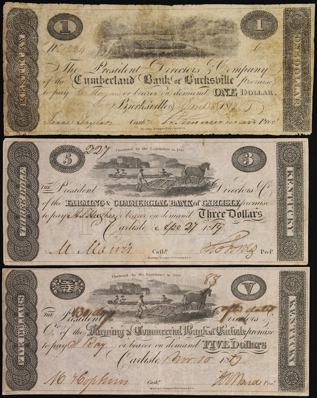 Lot of (3) Burksville & Carlisle, Kentucky. Mixed Issuers. 1819 $1