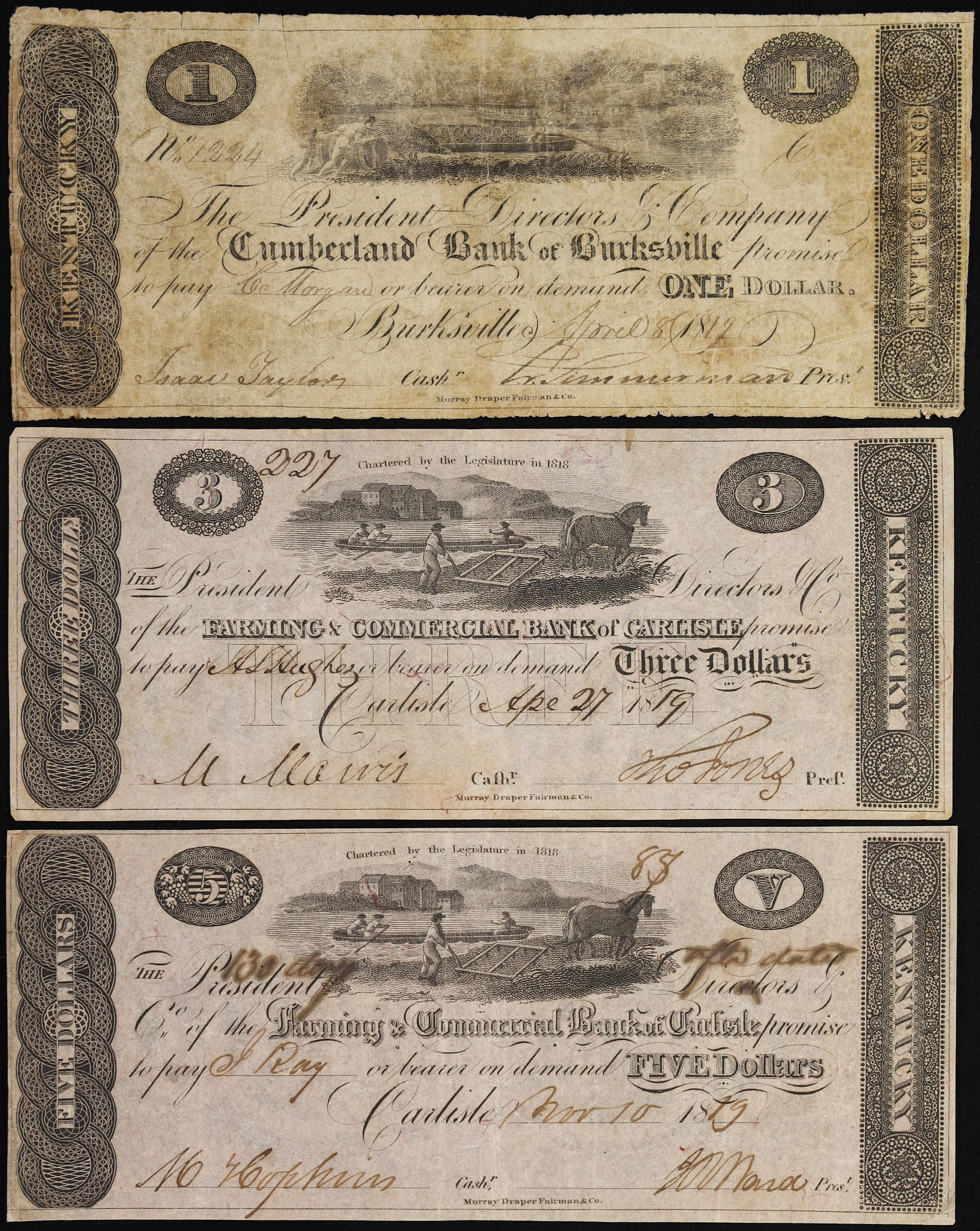 Lot of (3) Burksville & Carlisle, Kentucky. Mixed Issuers. 1819 $1