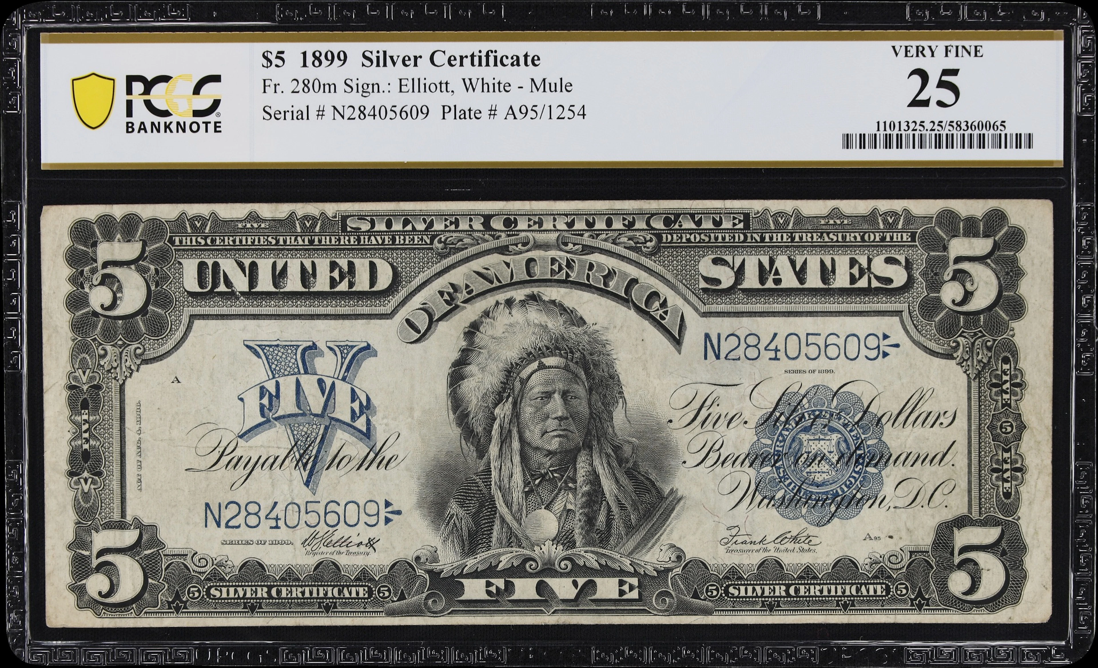 Fr. 280m. 1899 $5 Silver Certificate. Mule. PCGS Banknote Very Fine 25.