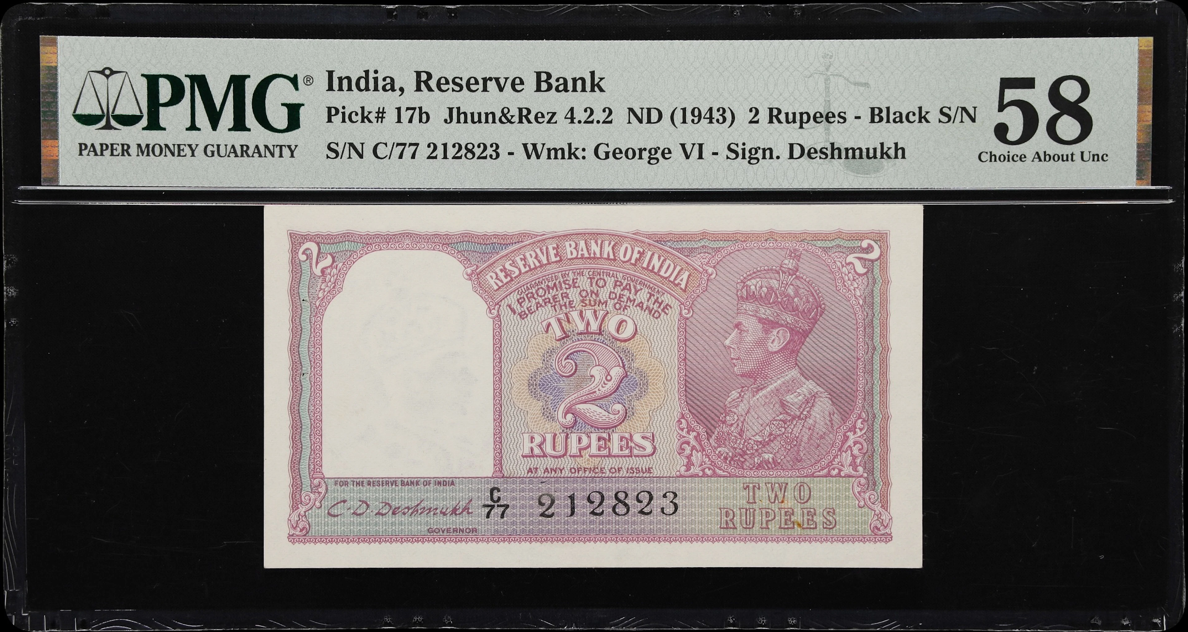 (◊) INDIA. Reserve Bank of India. 2 Rupees, ND (1943). P-17b. Jhun&Rez