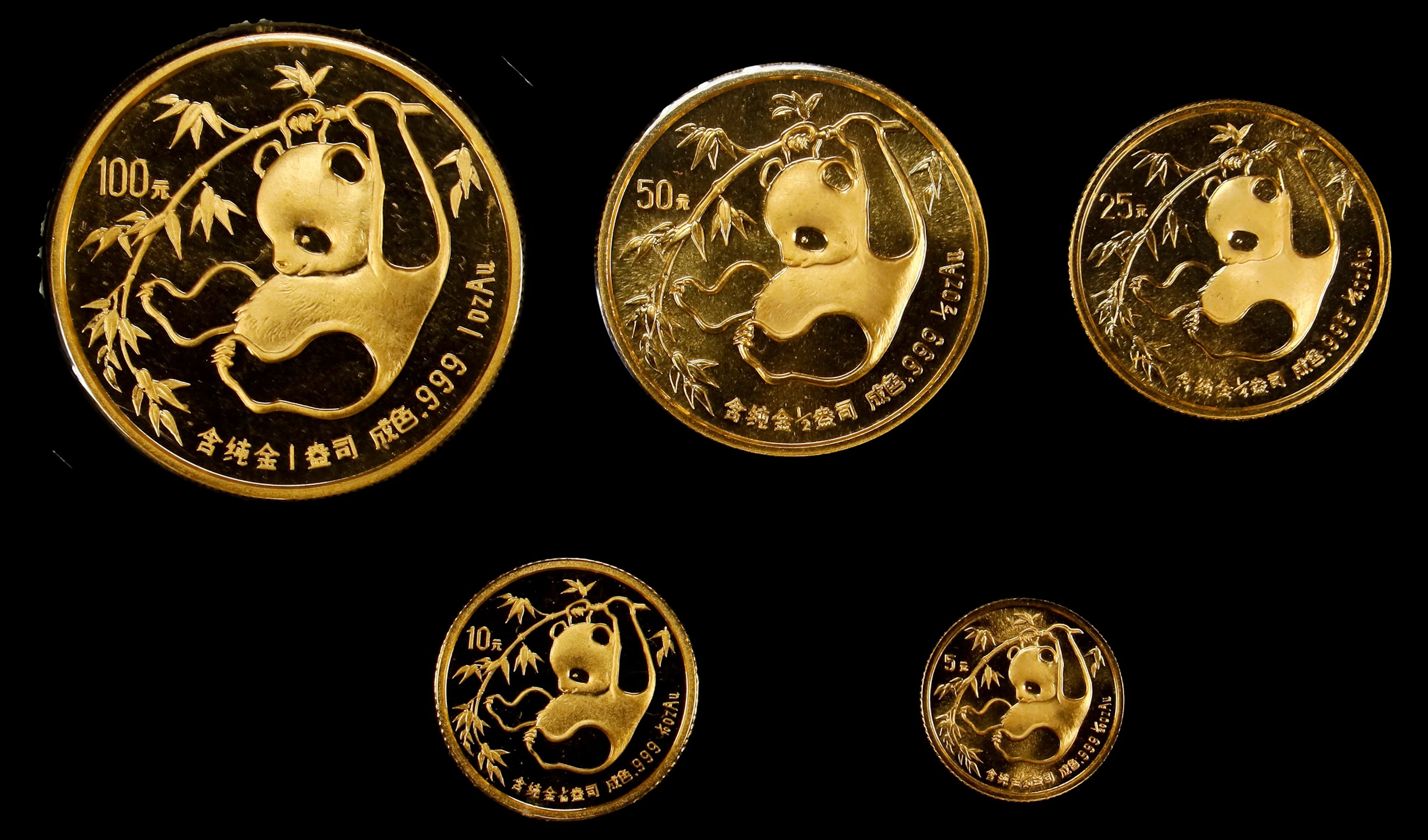 (t) CHINA. Gold Mint Set (5 Pieces), 1985. Panda Series. GEM UNCIRCULATED.