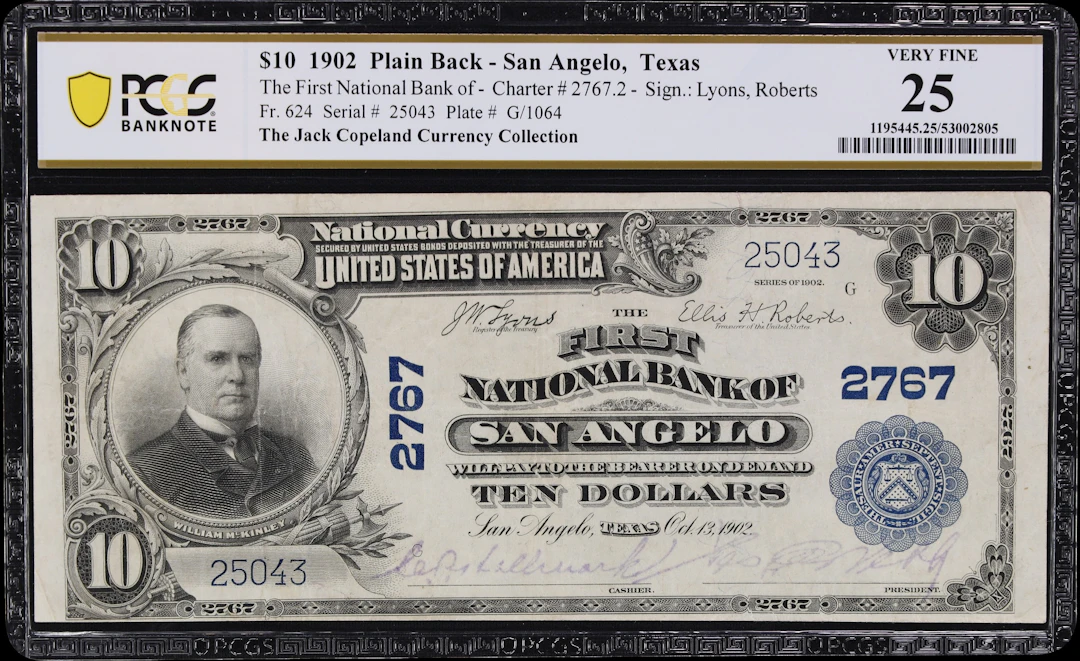 San Angelo, Texas. $10 1902 Plain Back. Fr. 624. First NB. Charter