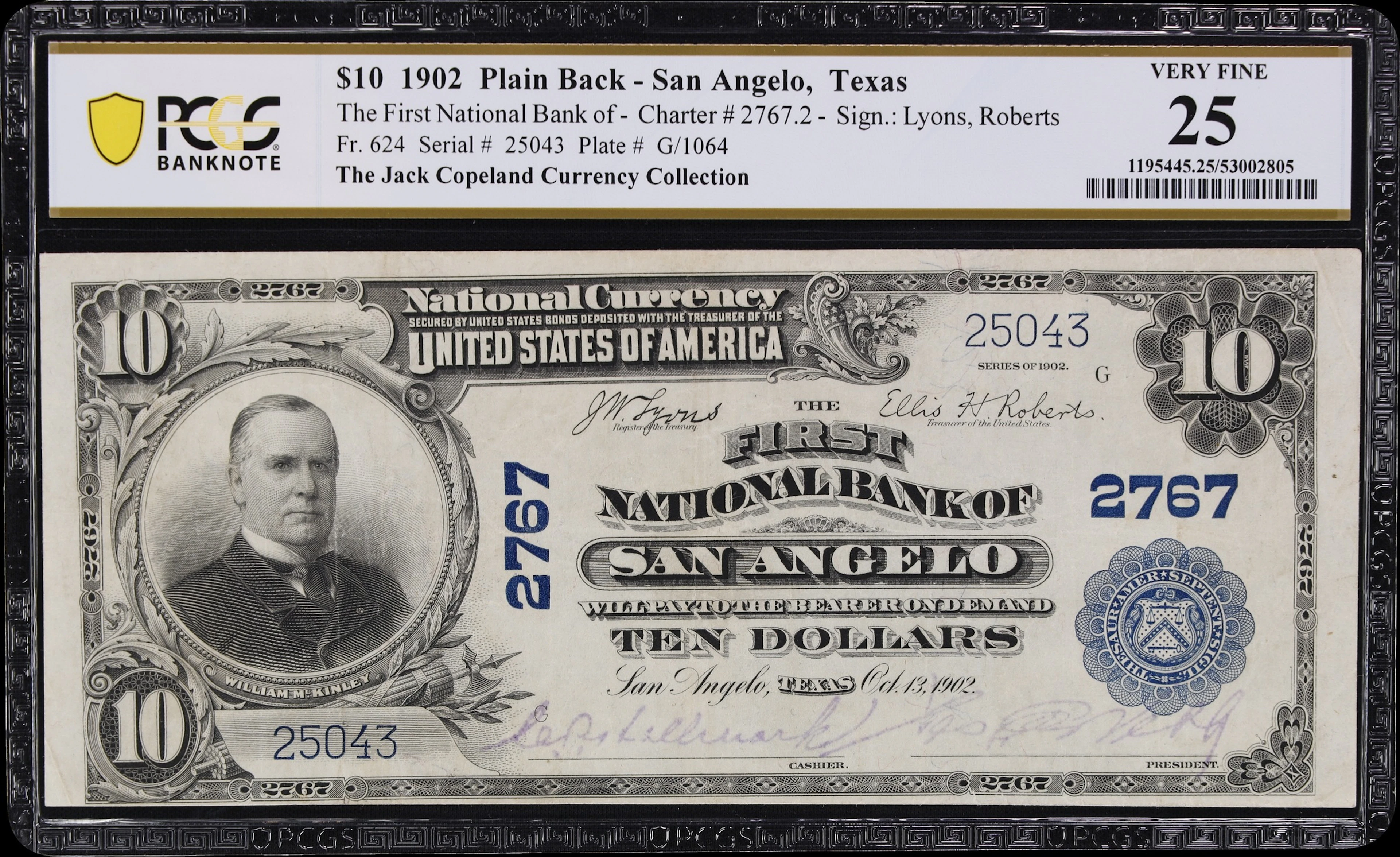 San Angelo, Texas. $10 1902 Plain Back. Fr. 624. First NB. Charter