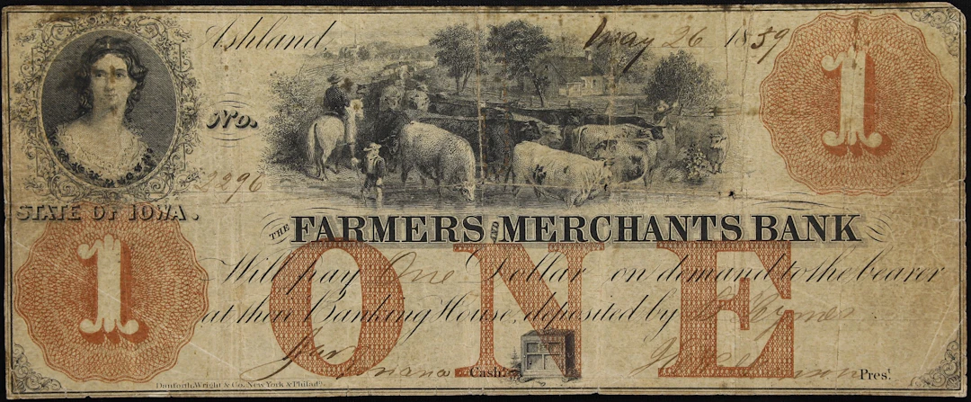 Ashland, Iowa. Farmers & Merchants Bank. 1859 $1. Very Good to Fine.