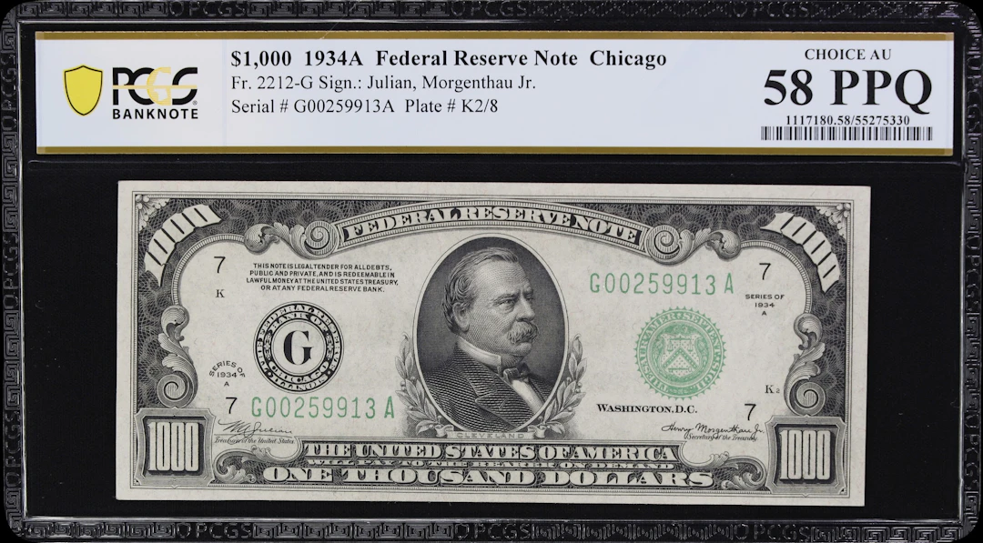 Fr. 2212-G. 1934A $1000 Federal Reserve Note. Chicago. PCGS Banknote