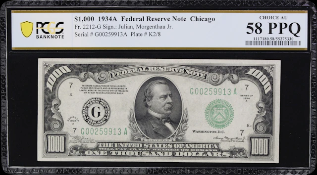 Fr. 2212-G. 1934A $1000 Federal Reserve Note. Chicago. PCGS Banknote
