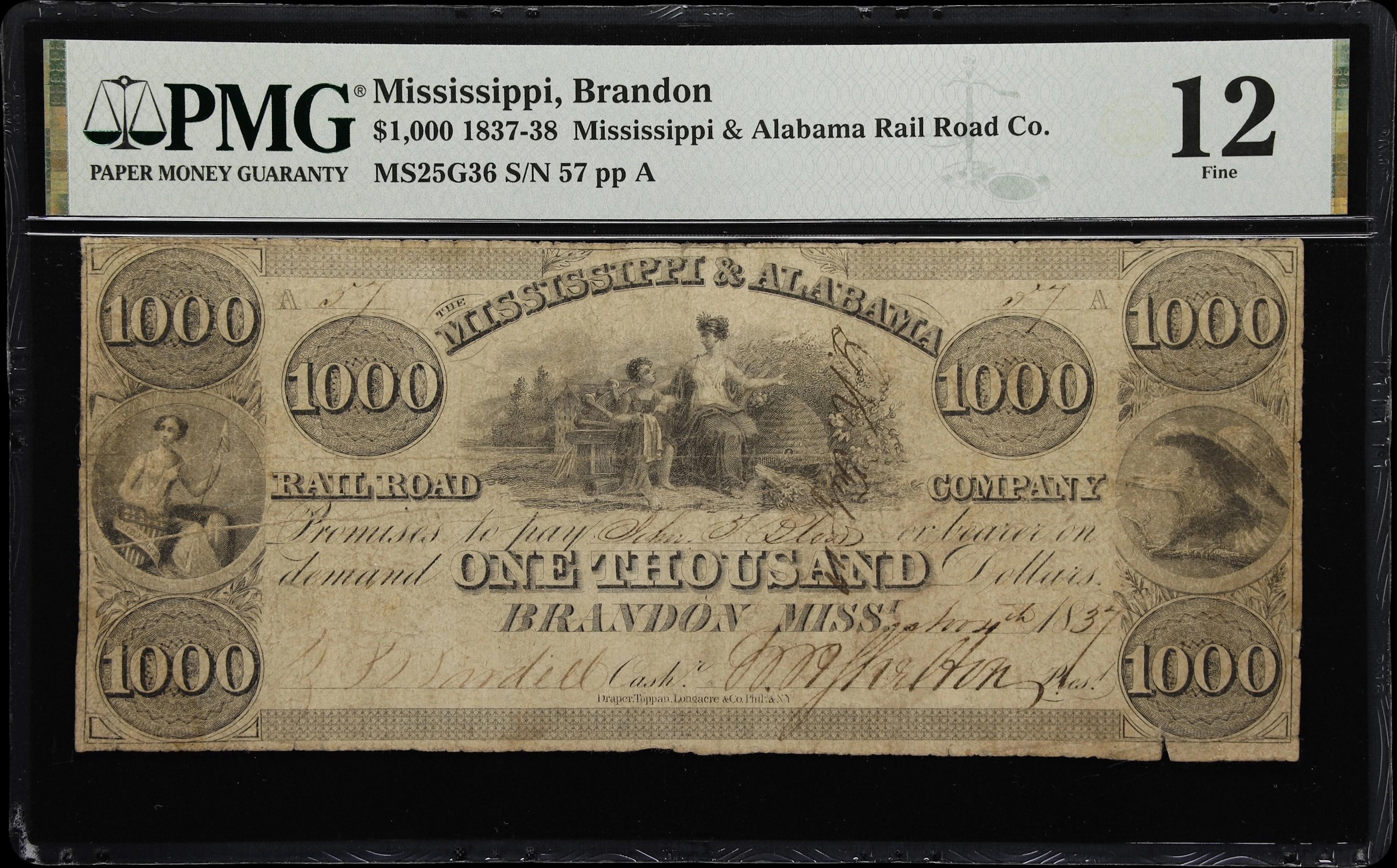 Brandon, Mississippi. Mississippi & Alabama Rail Road Company. 1837