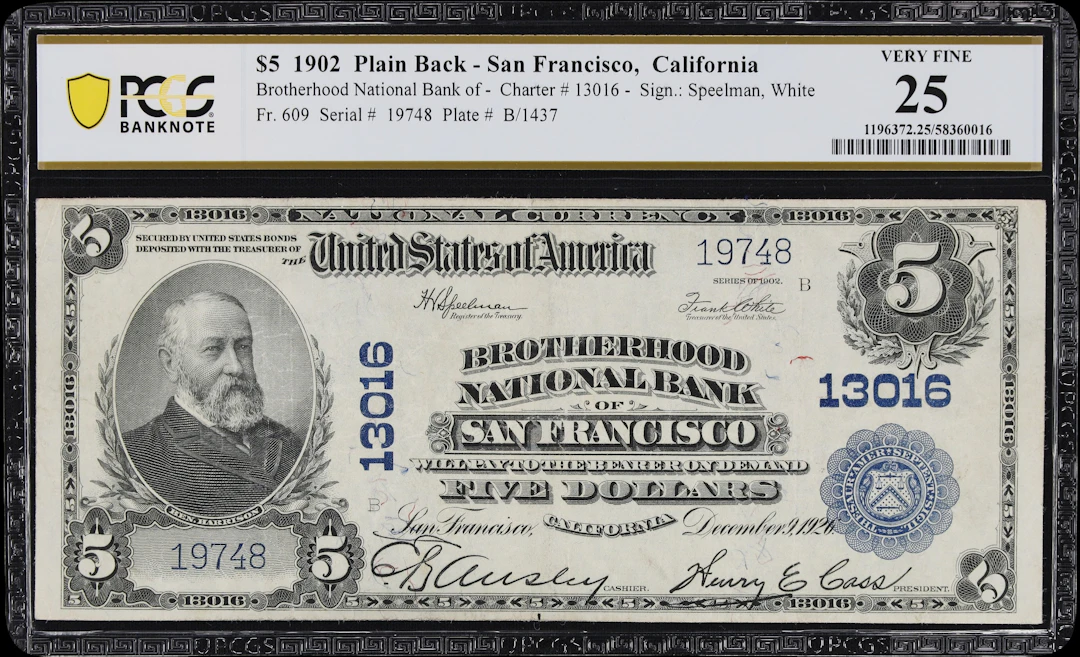 San Francisco, California. $5 1902 Plain Back. Fr. 609. Brotherhood