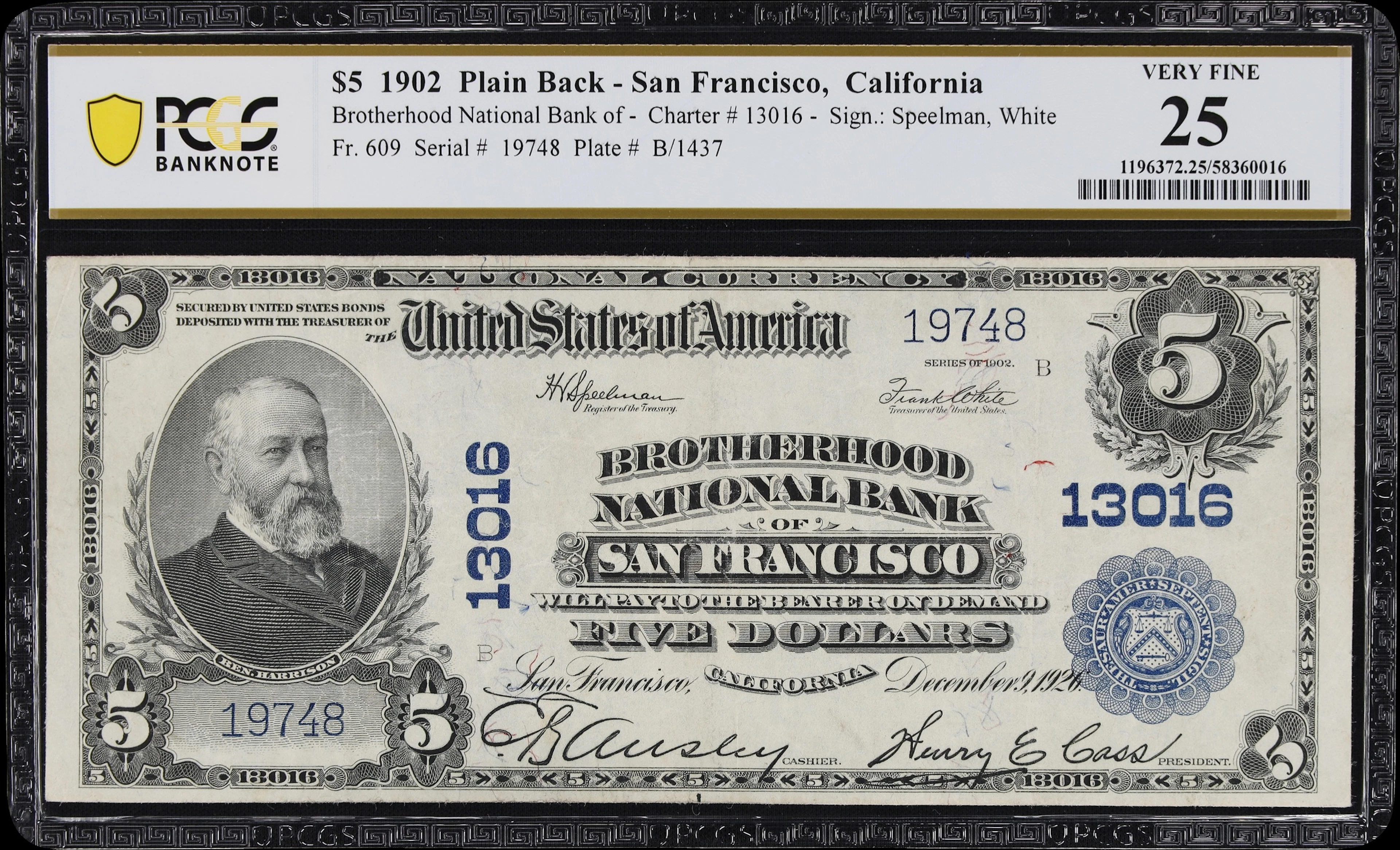 San Francisco, California. $5 1902 Plain Back. Fr. 609. Brotherhood