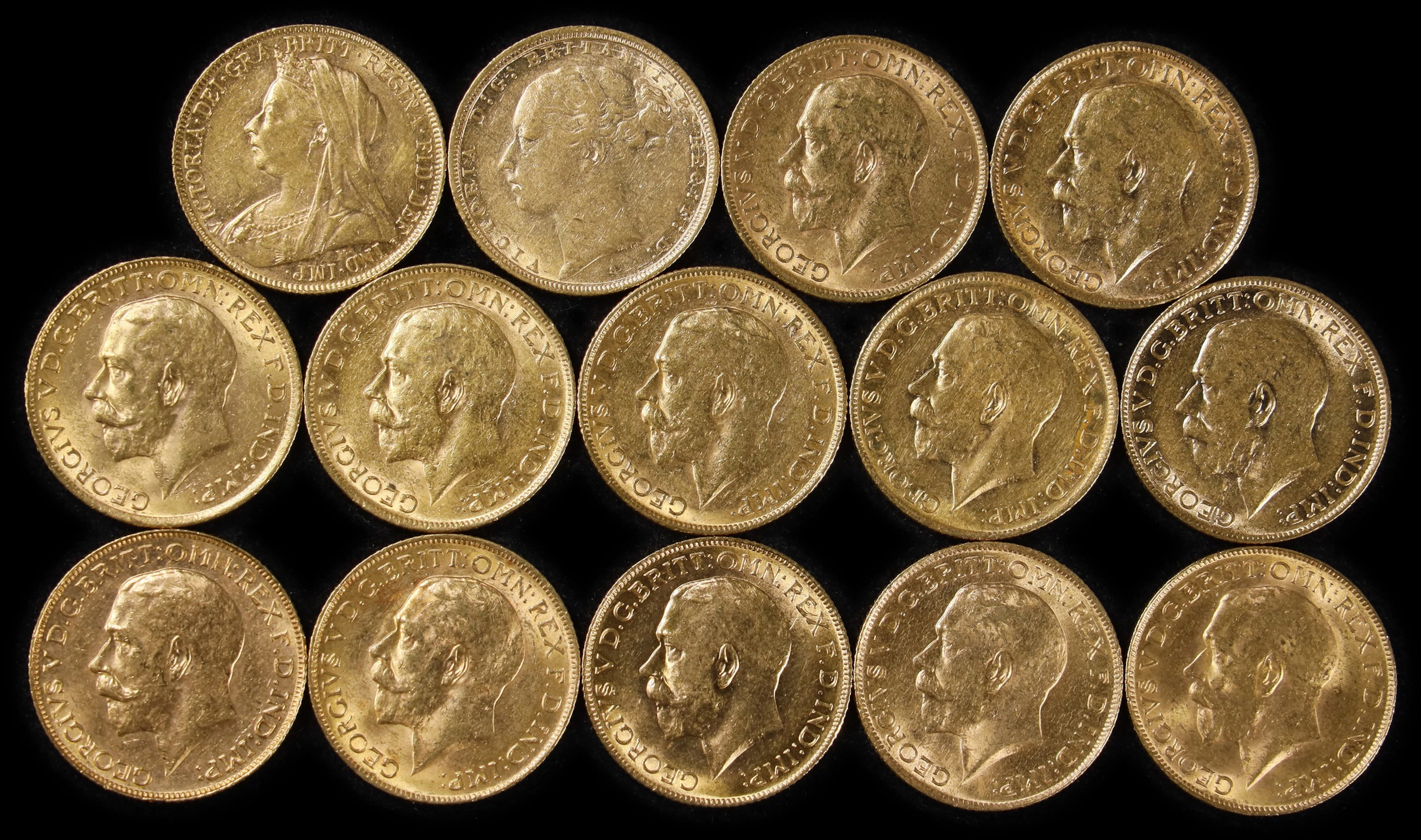 (3.297 oz, 102.55 g AGW). Mixed World. Lot of (14) Mixed Date Gold Sovereigns.
