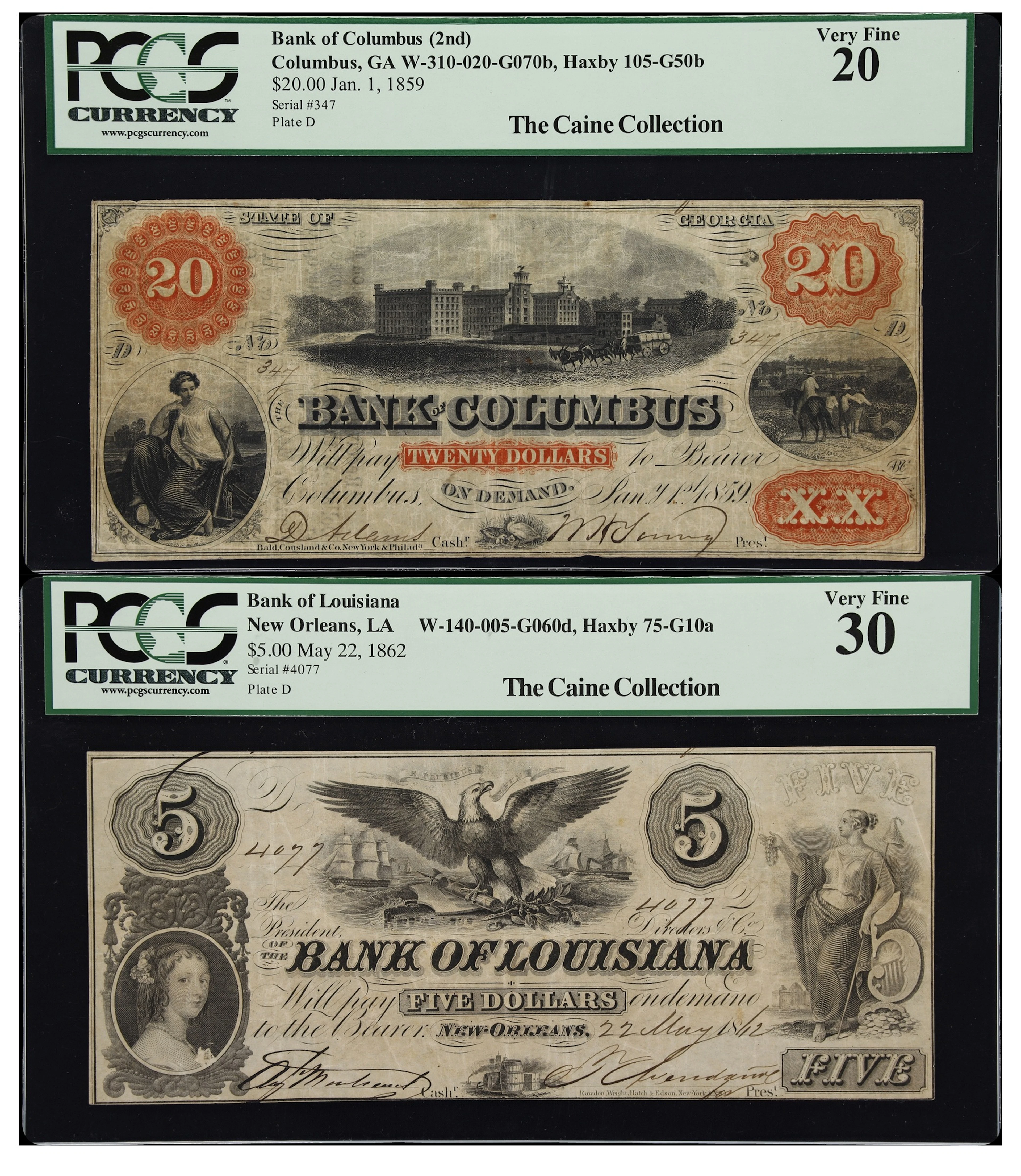 Lot of (2) Georgia & Louisiana Obsoletes. Mixed Issuers. 1859-62 $5