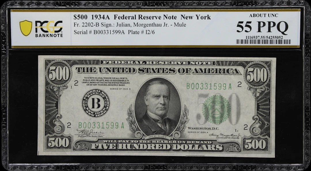Fr. 2202-B. 1934A $500 Federal Reserve Note. Mule. New York. PCGS