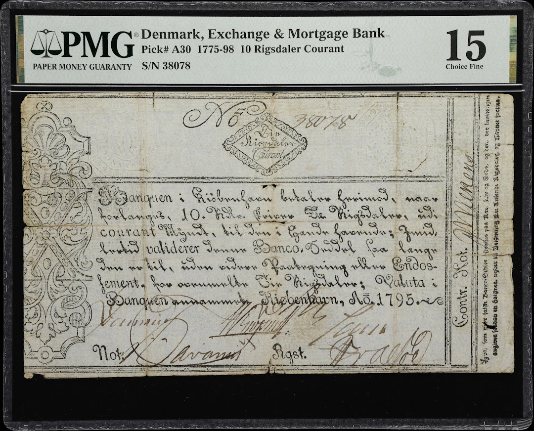 (◊) DENMARK. Exchange & Mortgage Bank. 10 Rigsdaler Courant, 1795.