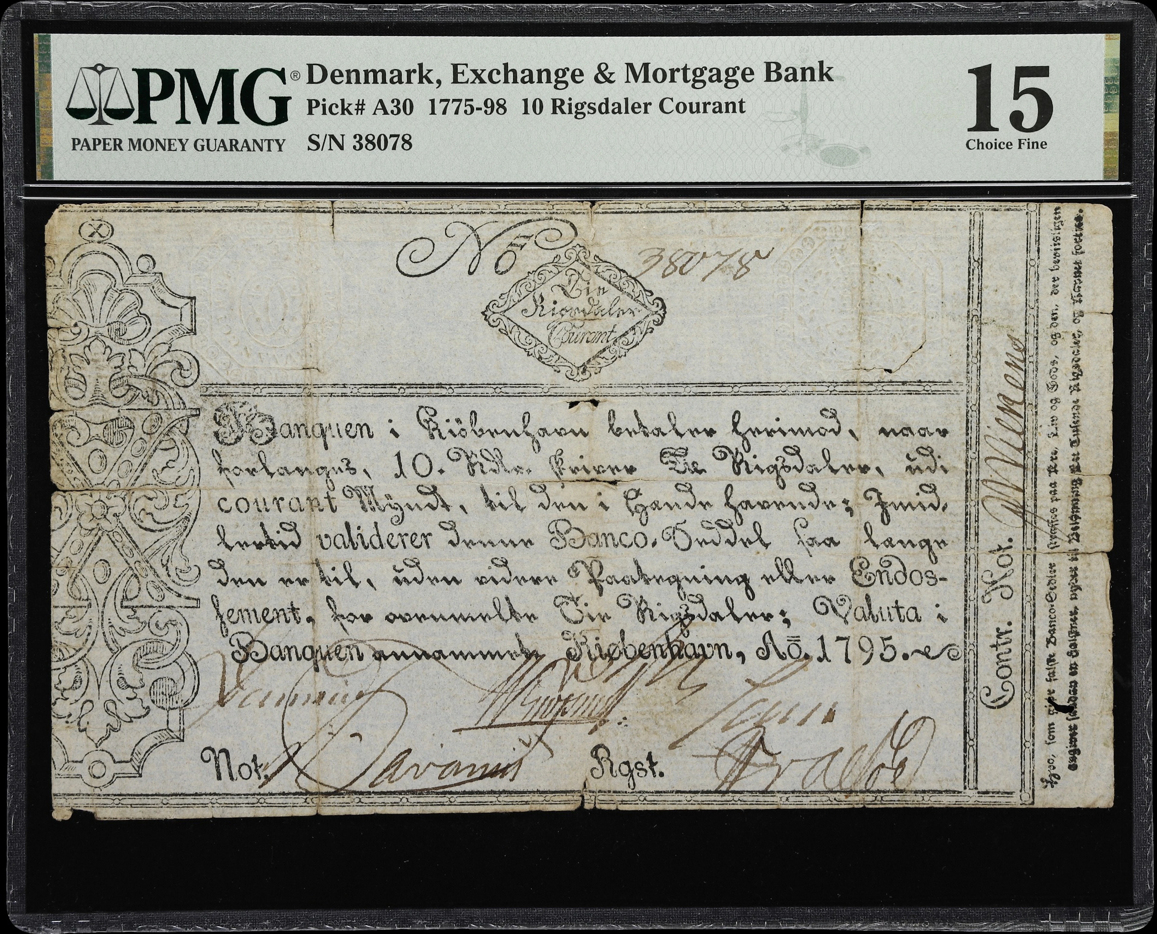 (◊) DENMARK. Exchange & Mortgage Bank. 10 Rigsdaler Courant, 1795.