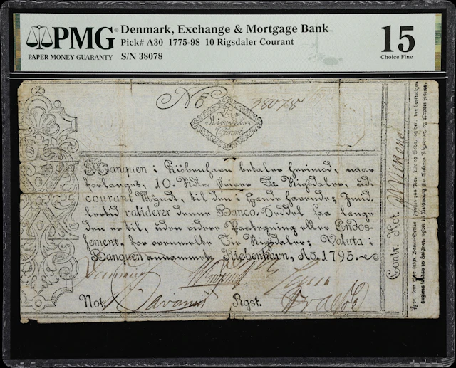 (◊) DENMARK. Exchange & Mortgage Bank. 10 Rigsdaler Courant, 1795.
