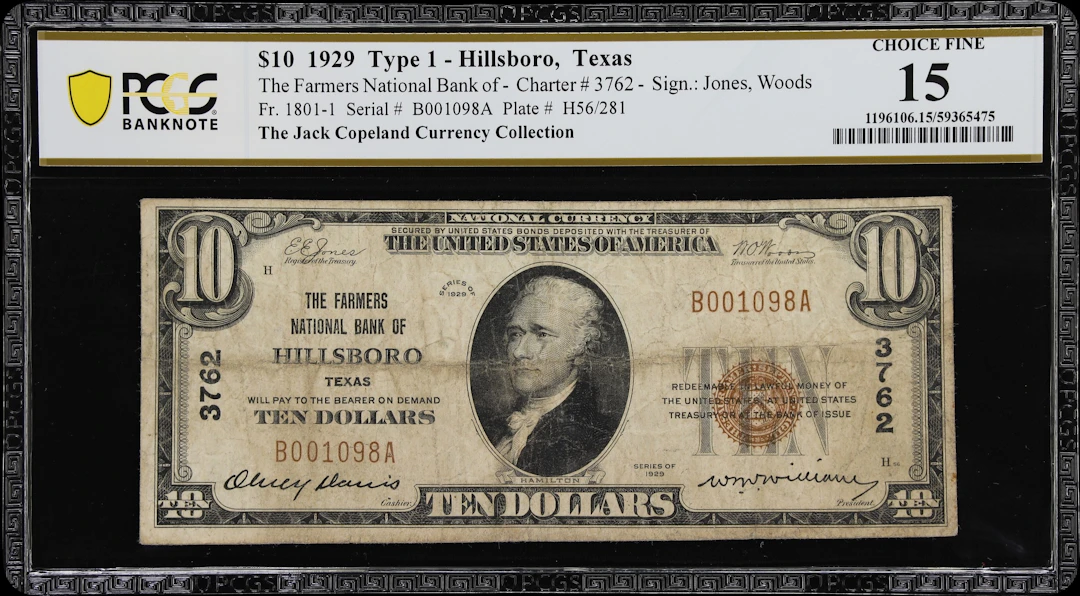 Hillsboro, Texas. $10 1929 Ty. 1. Fr. 1801-1. Farmers NB. Charter