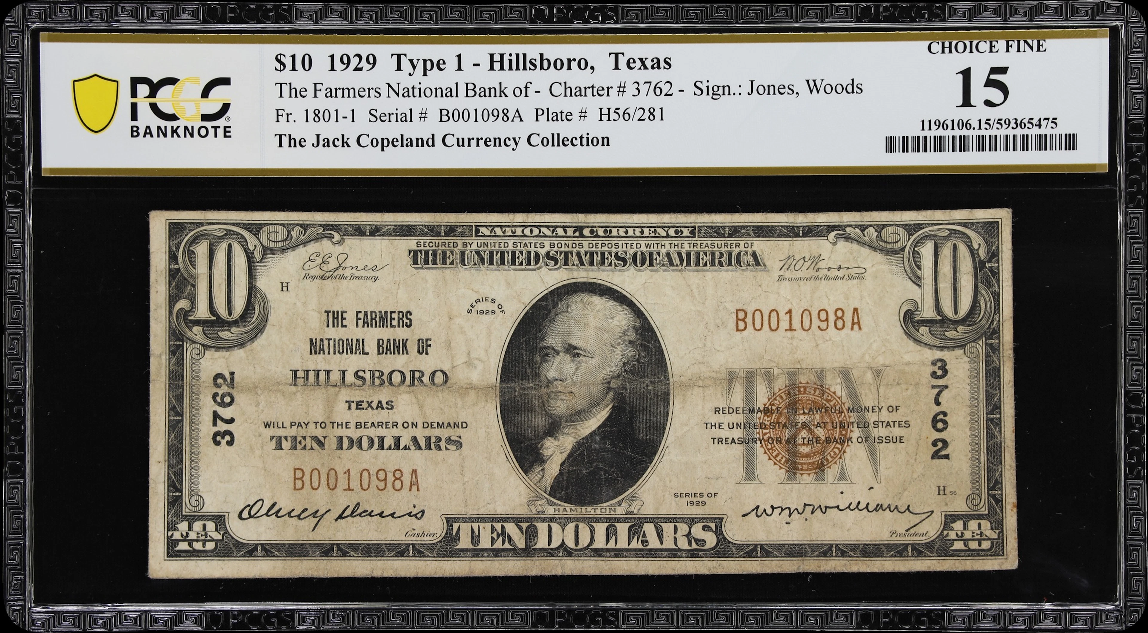 Hillsboro, Texas. $10 1929 Ty. 1. Fr. 1801-1. Farmers NB. Charter