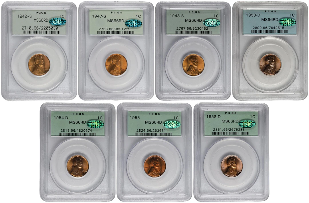 Lot of (7) Lincoln Cents. MS-66 RD (PCGS). CAC. OGH.