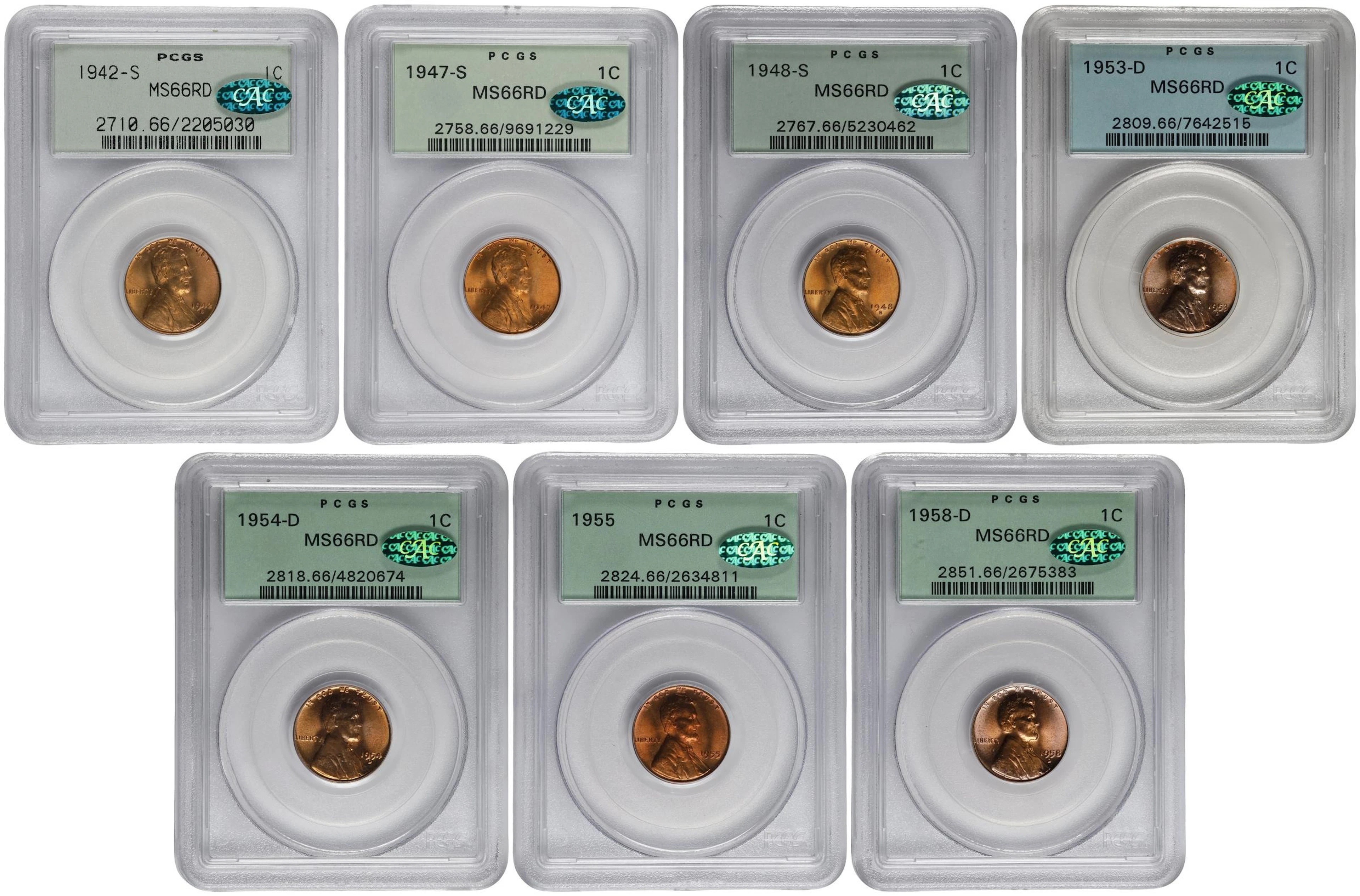 Lot of (7) Lincoln Cents. MS-66 RD (PCGS). CAC. OGH.
