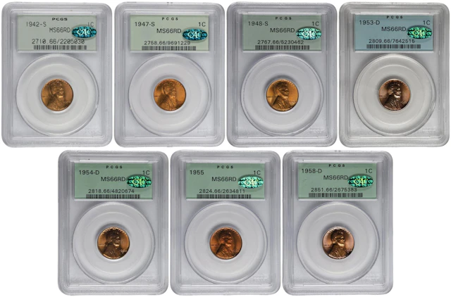 Lot of (7) Lincoln Cents. MS-66 RD (PCGS). CAC. OGH.