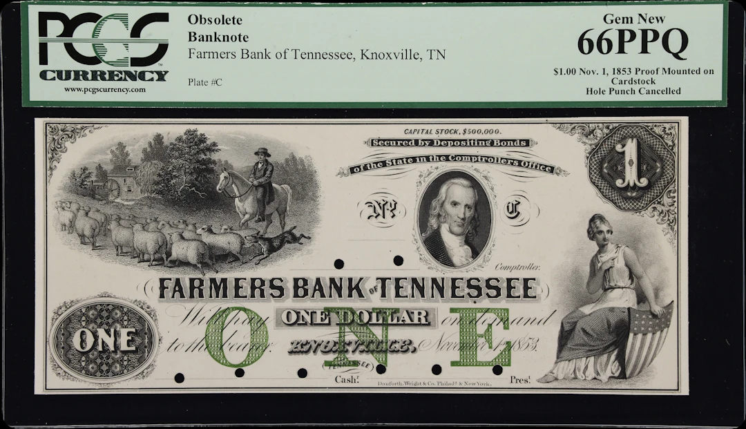 Knoxville, Tennessee. Farmers Bank of Tennessee. 1853 $1. PCGS Currency