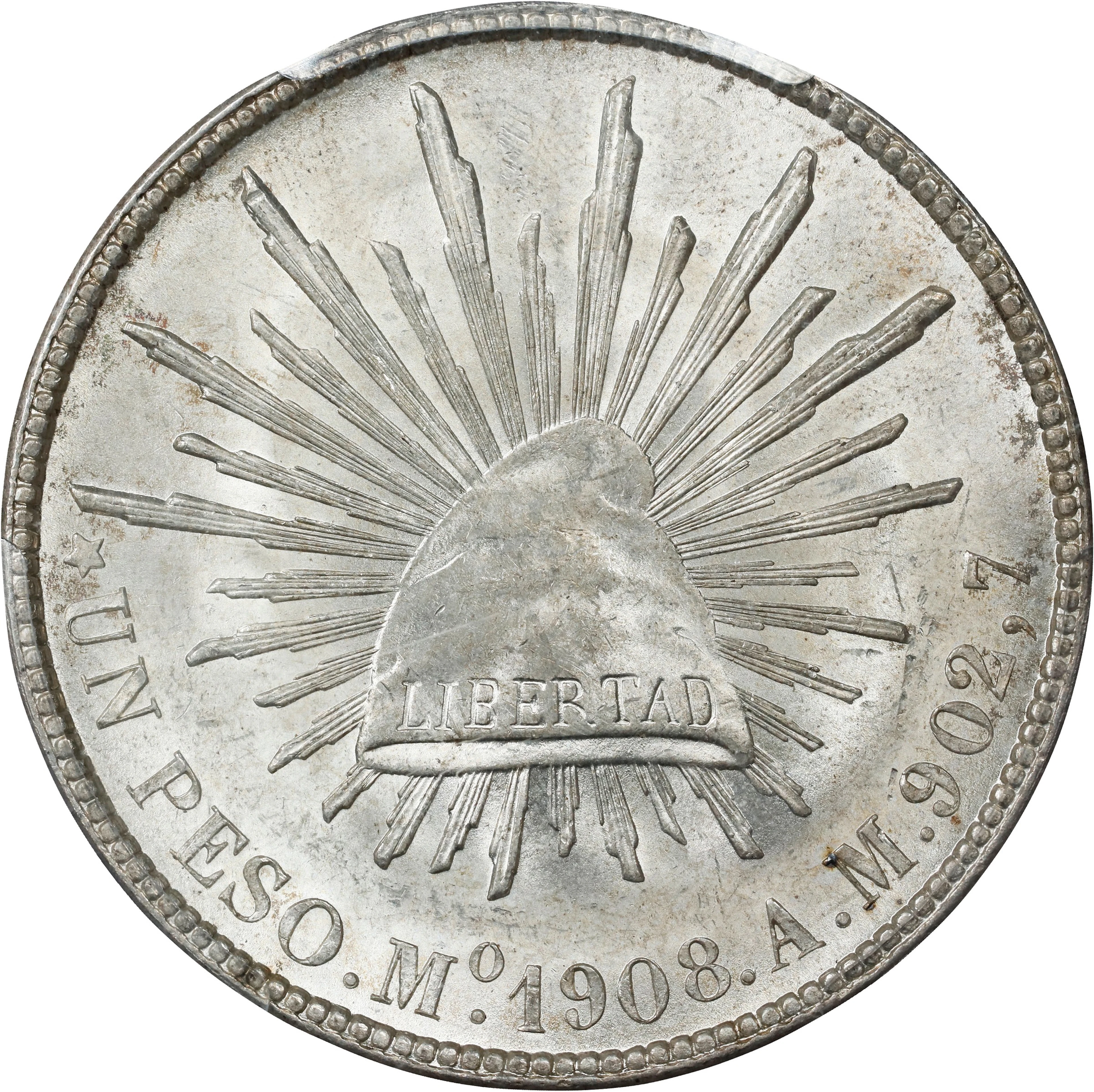 MEXICO. Peso, 1908-Mo AM. Mexico City Mint. PCGS MS-65.