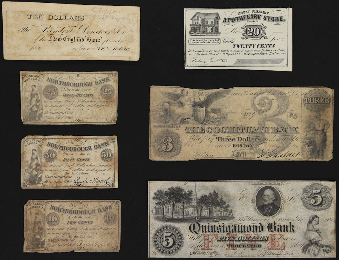 Lot of (7) Massachusetts Obsoletes. Mixed Issuers. 1849 - 64 Mixed