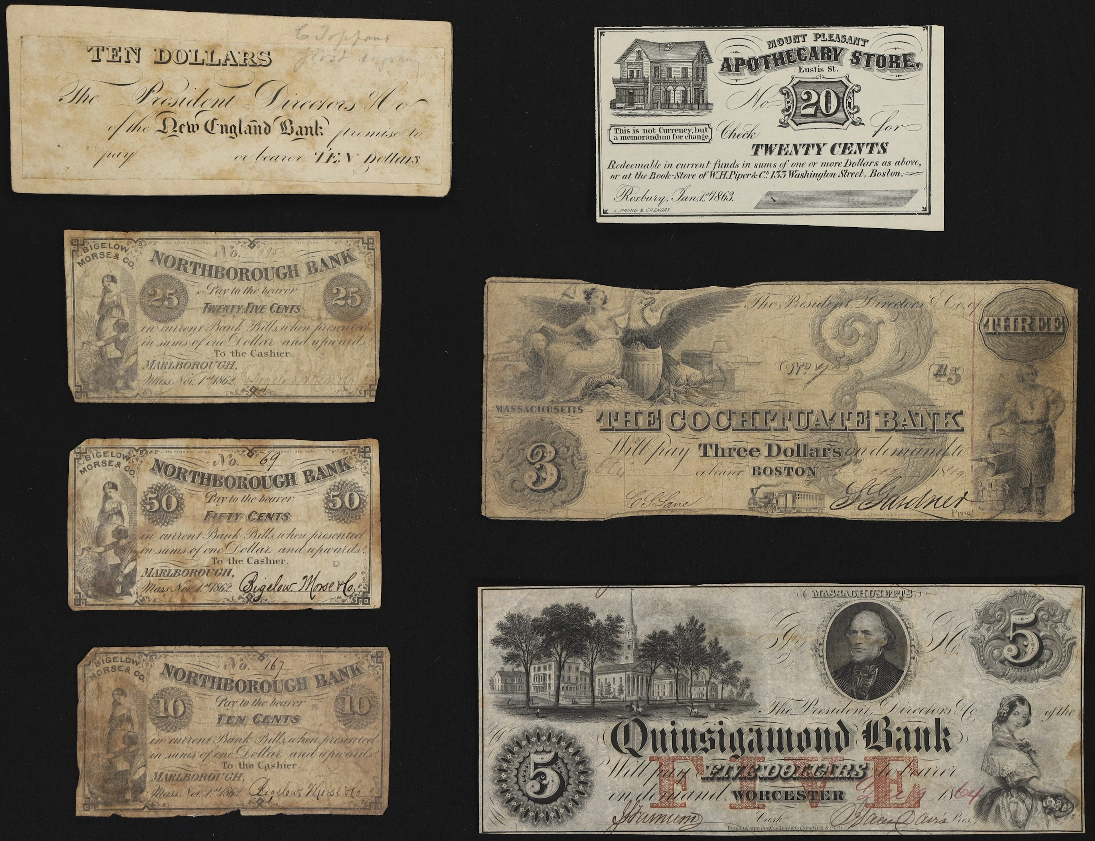 Lot of (7) Massachusetts Obsoletes. Mixed Issuers. 1849 - 64 Mixed