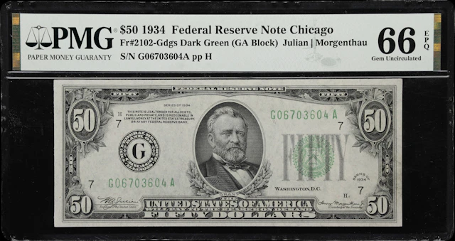 Fr. 2102-Gdgs. 1934 Dark Green Seal $50 Federal Reserve Note. Chicago.